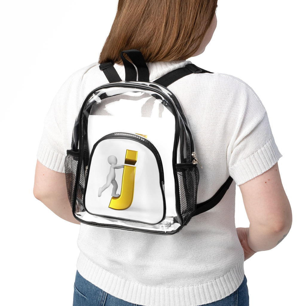 3D Stick Figure Pushing Yellow Letter J Clear Stadium Backpack | Transparent School Bag