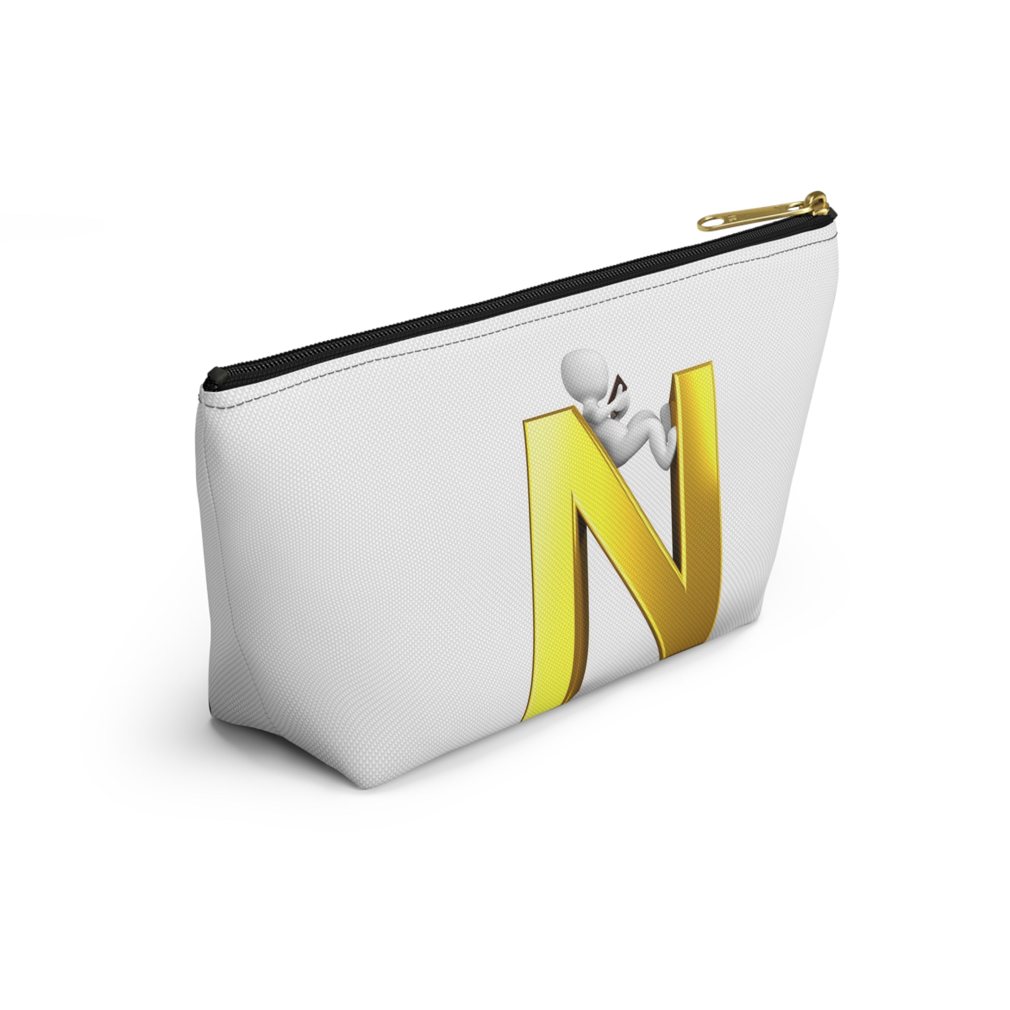 Gold Letter N with Climbing Figure Accessory Pouch | Monogram Makeup Bag