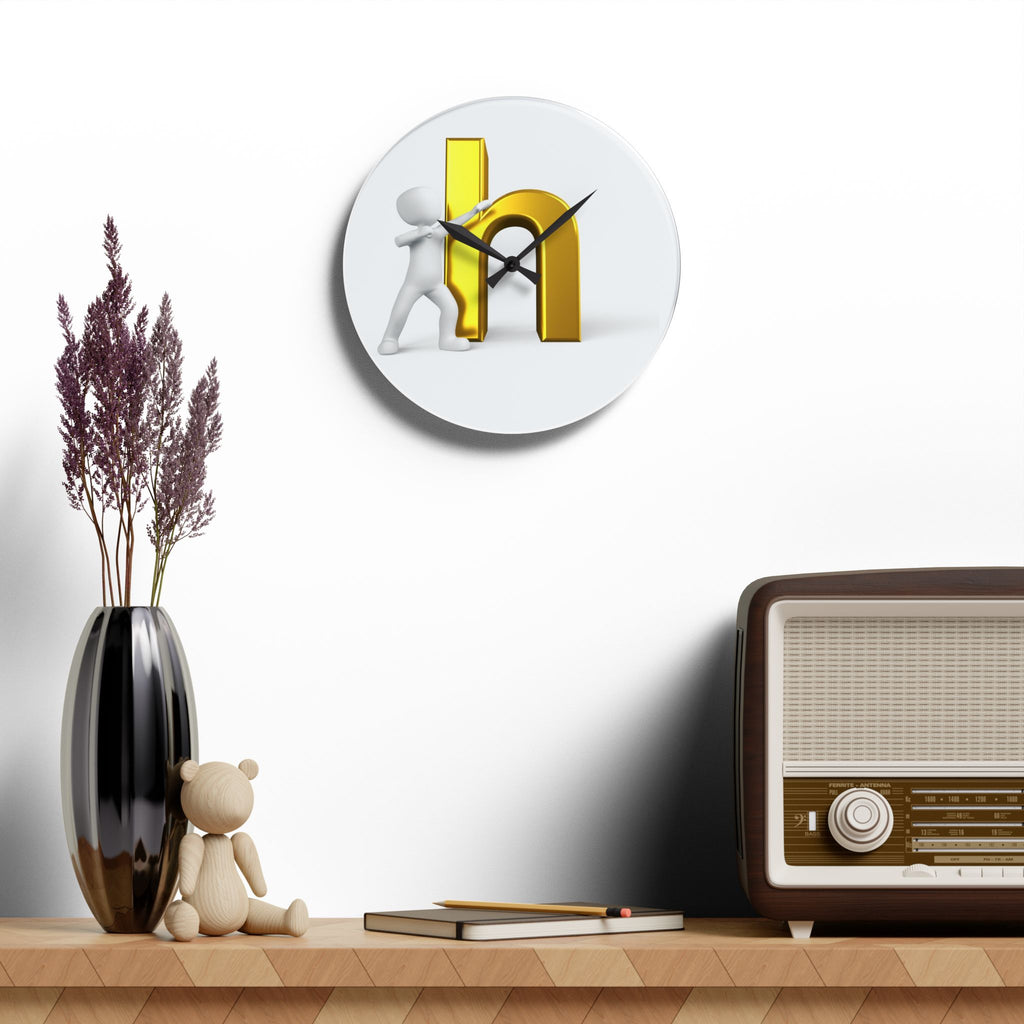 3D Person Pushing Gold Letter h Acrylic Wall Clock | Modern Lettering Decor