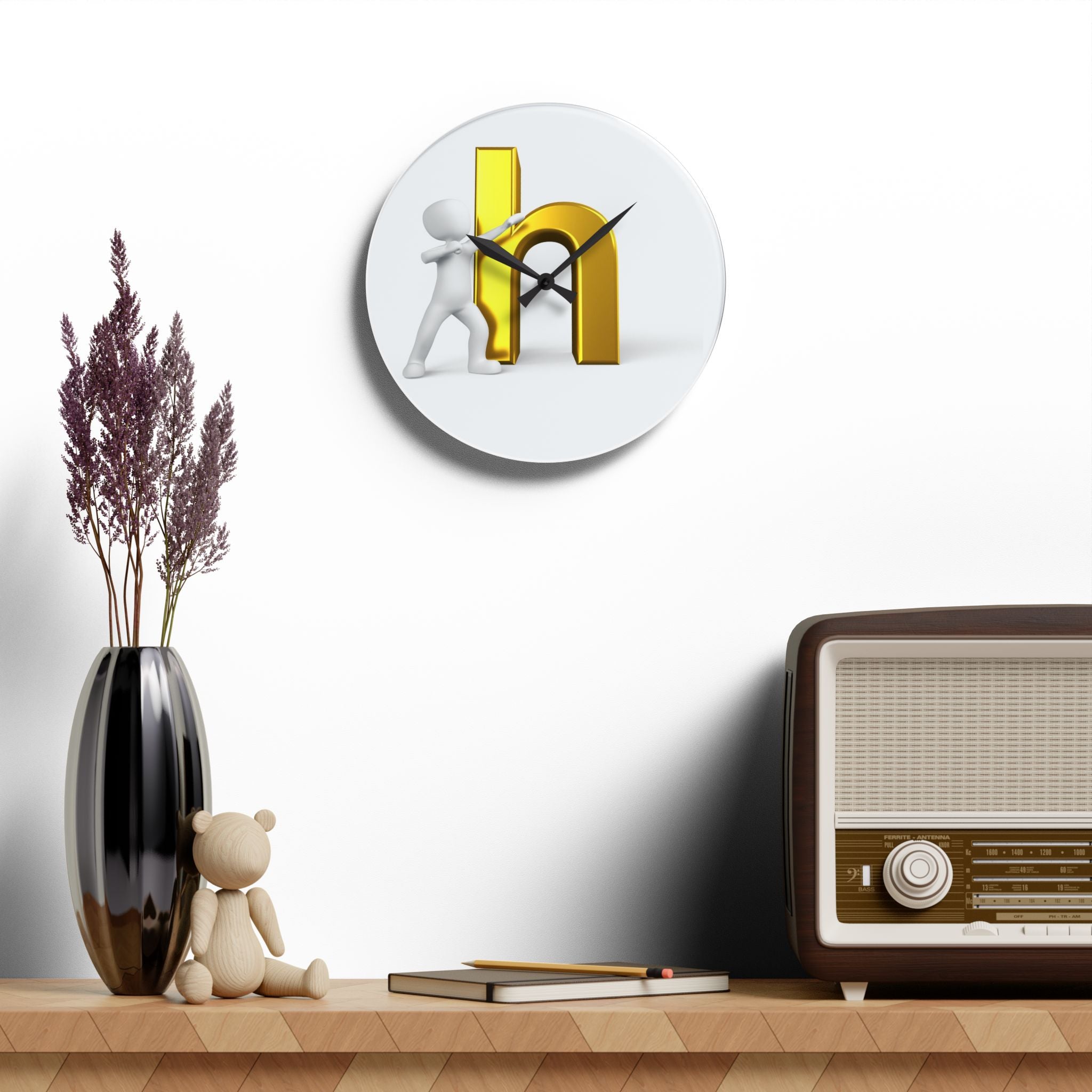 3D Person Pushing Gold Letter h Acrylic Wall Clock | Modern Lettering Decor