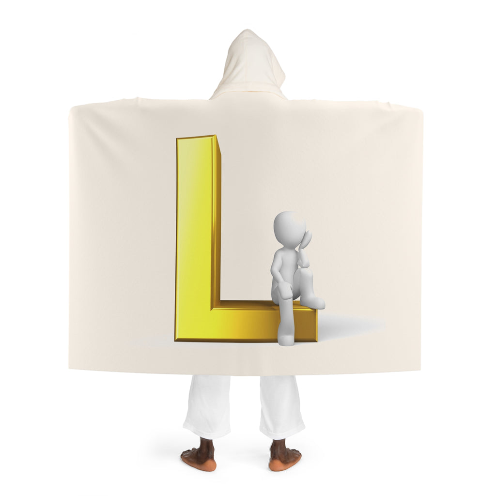 Cream Hooded Sherpa Fleece Blanket | Gold Letter L With Figure