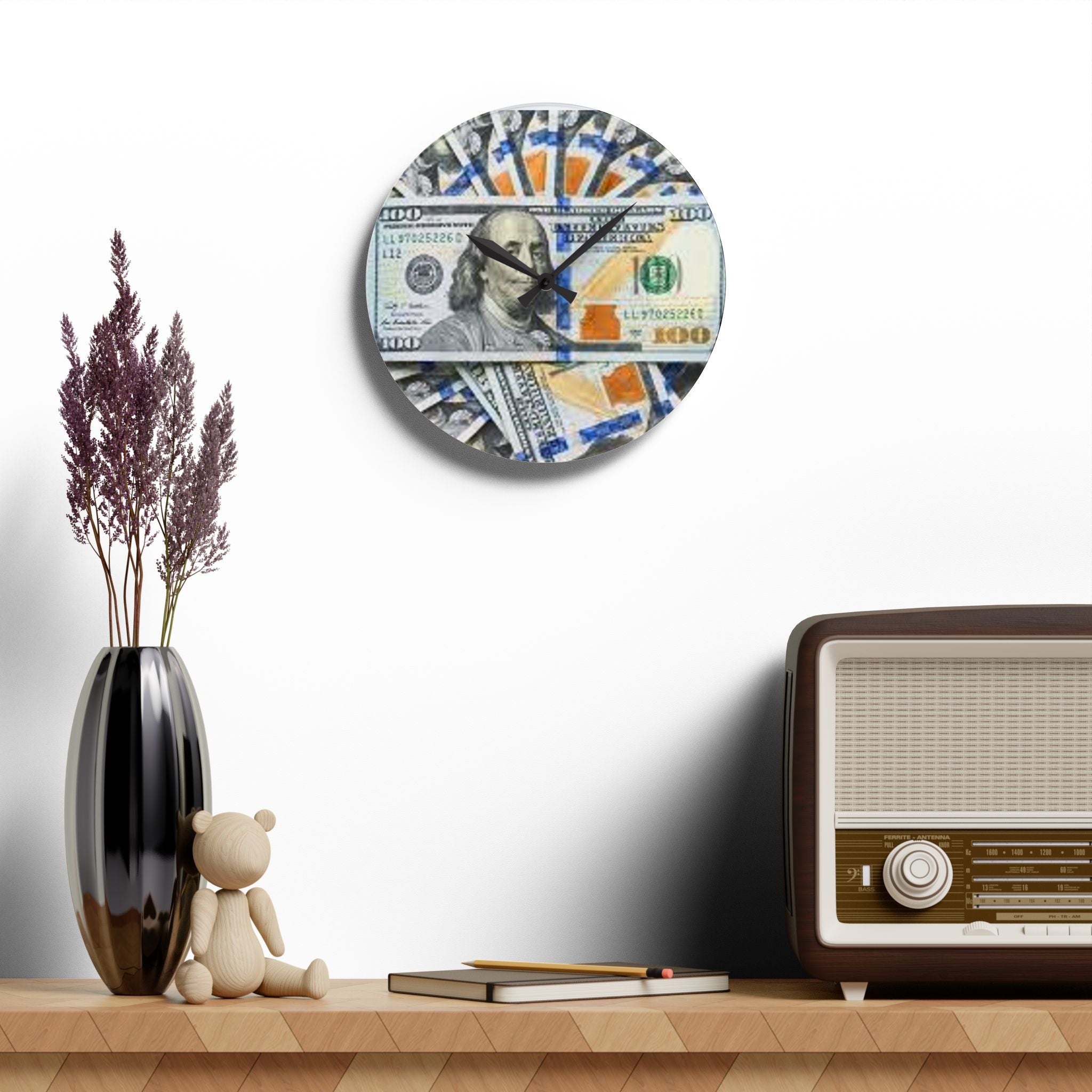 Hundred Dollar Bills Acrylic Clock | Money Stack Wall Clock