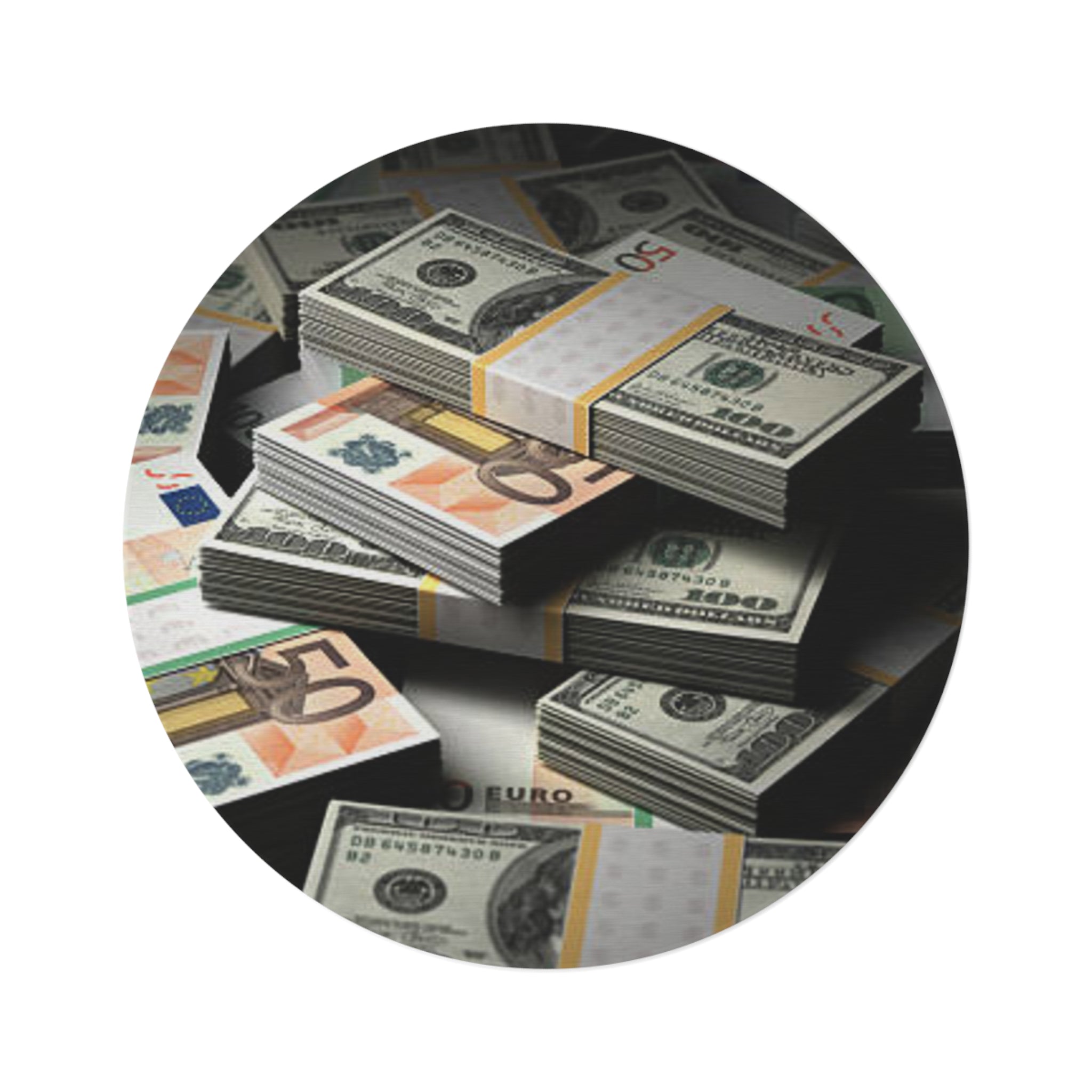 Stacked Cash round rug | Money print round rug, dollar euro design