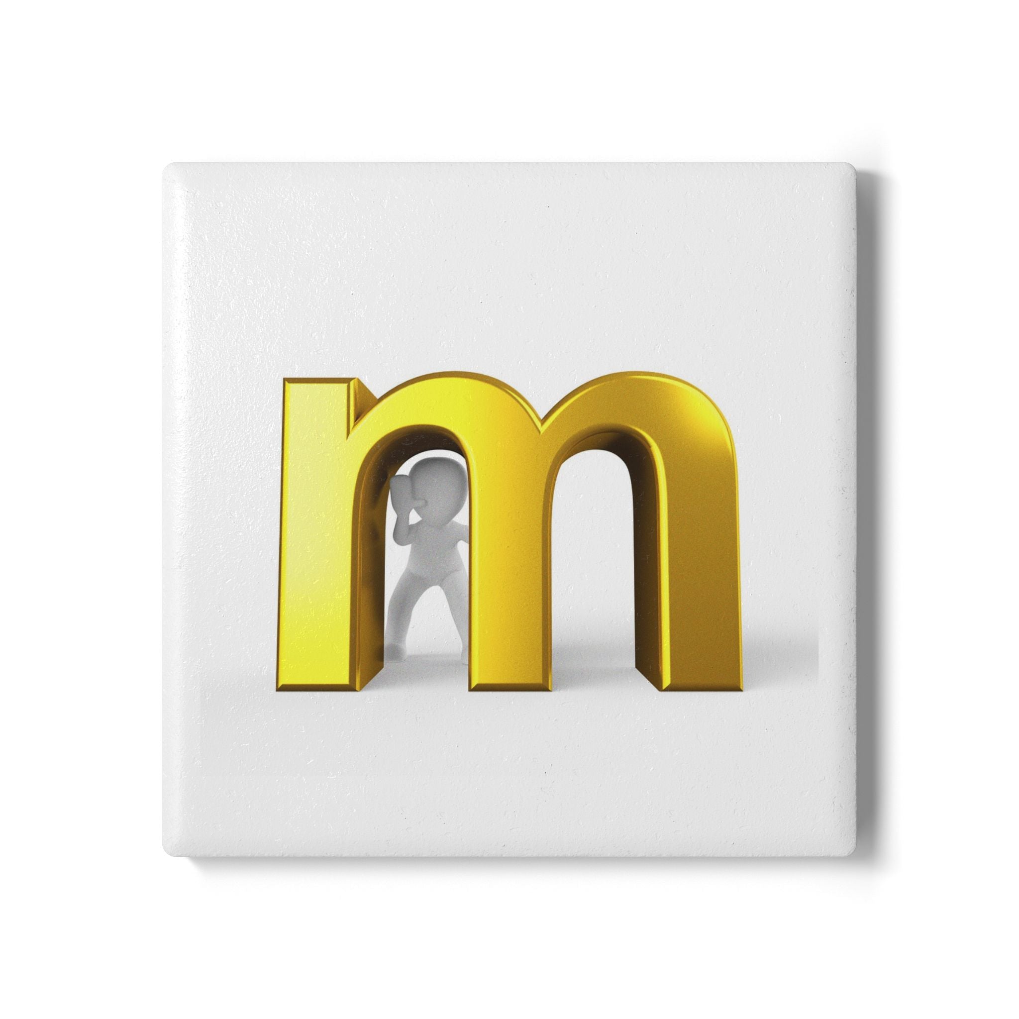 Gold Letter M with Tiny Person Ceramic Coaster | Round Cork Back
