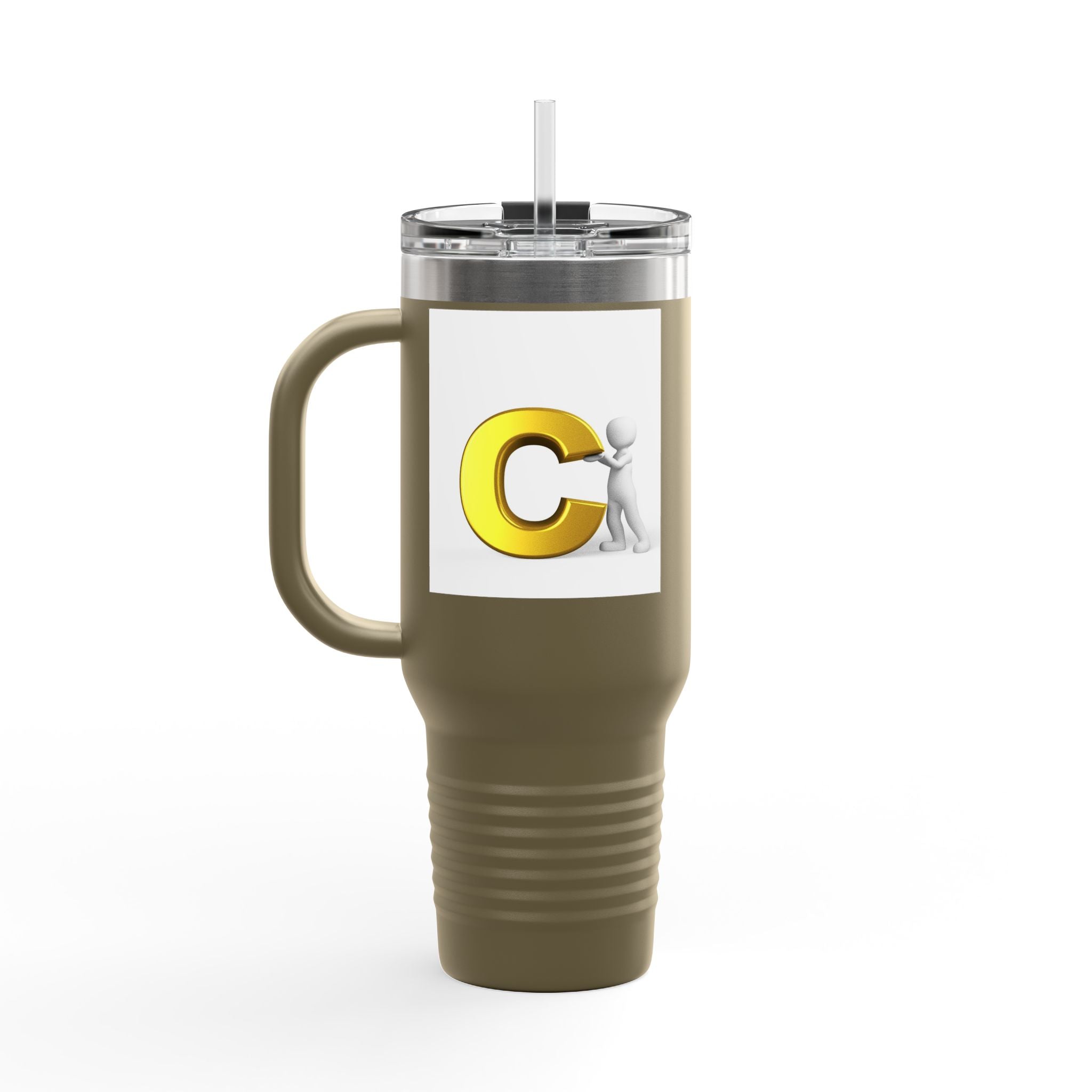 3D Character Leaning on Yellow Letter C Travel Mug | 40oz Insulated Tumbler