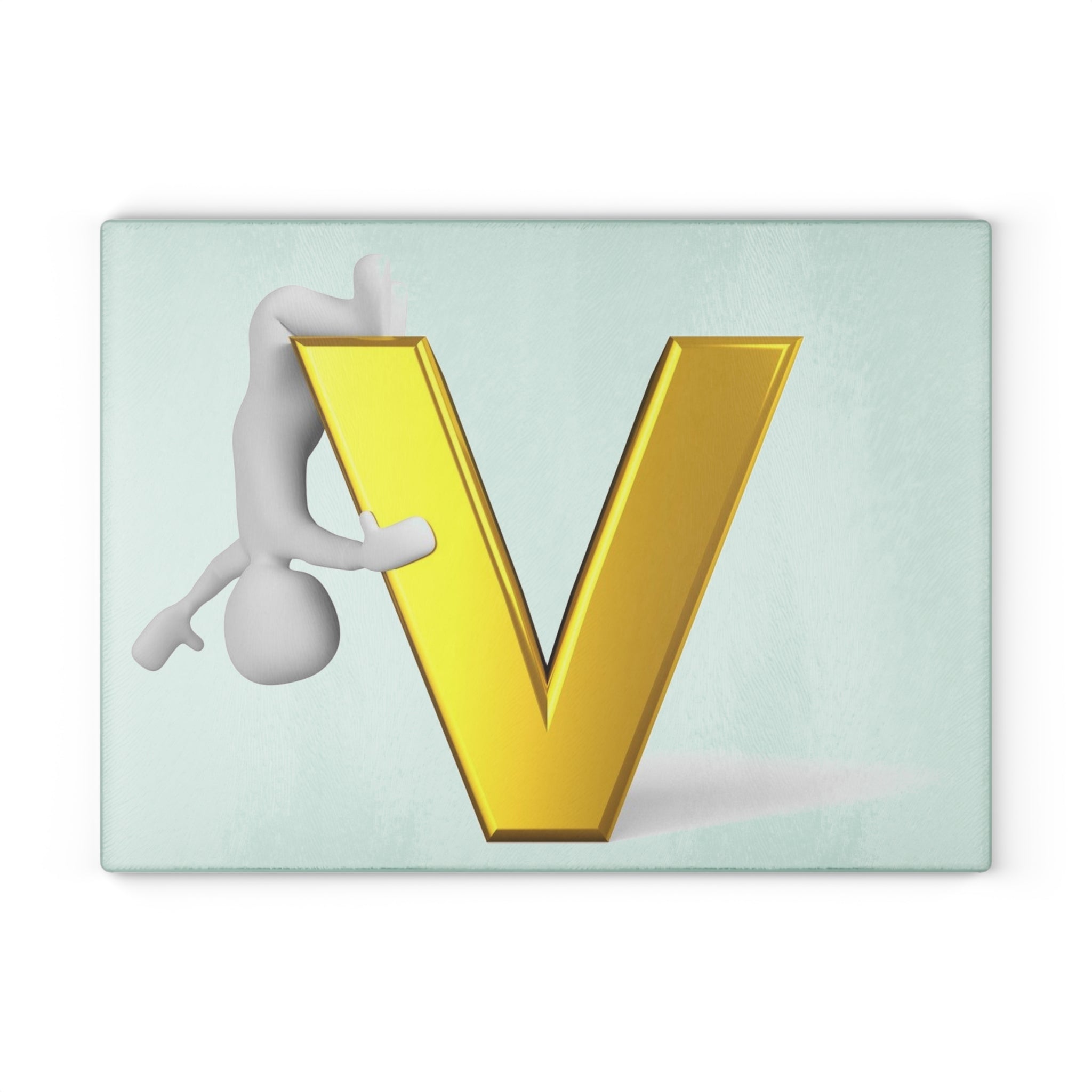 Gold Letter V with Hanging Figure Glass Cutting Board | Monogram Initial V