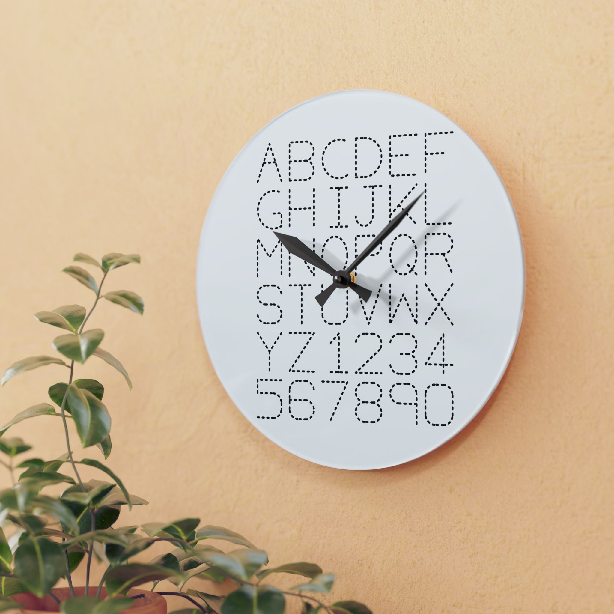 Alphabet and Numbers Dot Grid Acrylic Wall Clock | Modern Typography Home Decor