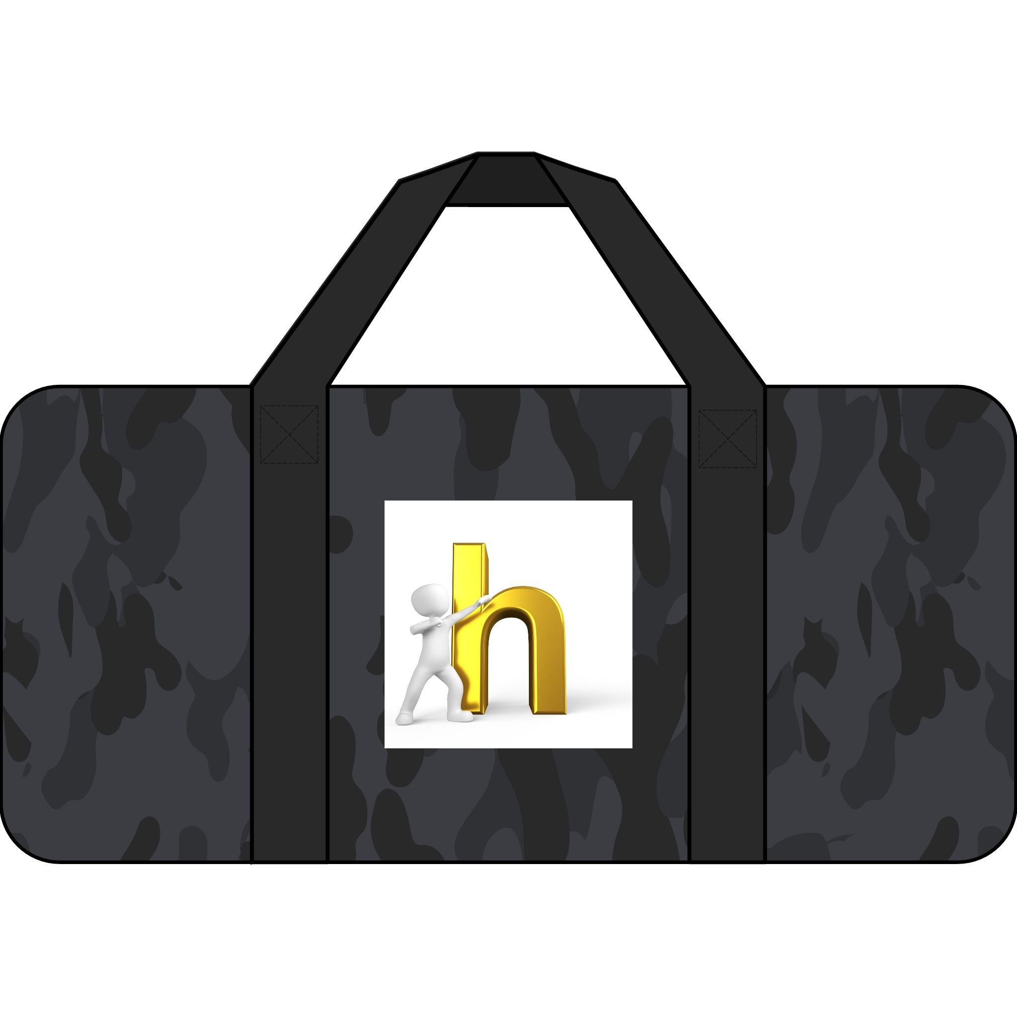 Stick Figure Pushing Gold Letter H Tripper Duffel Bag | Checker or Camo Strap Options