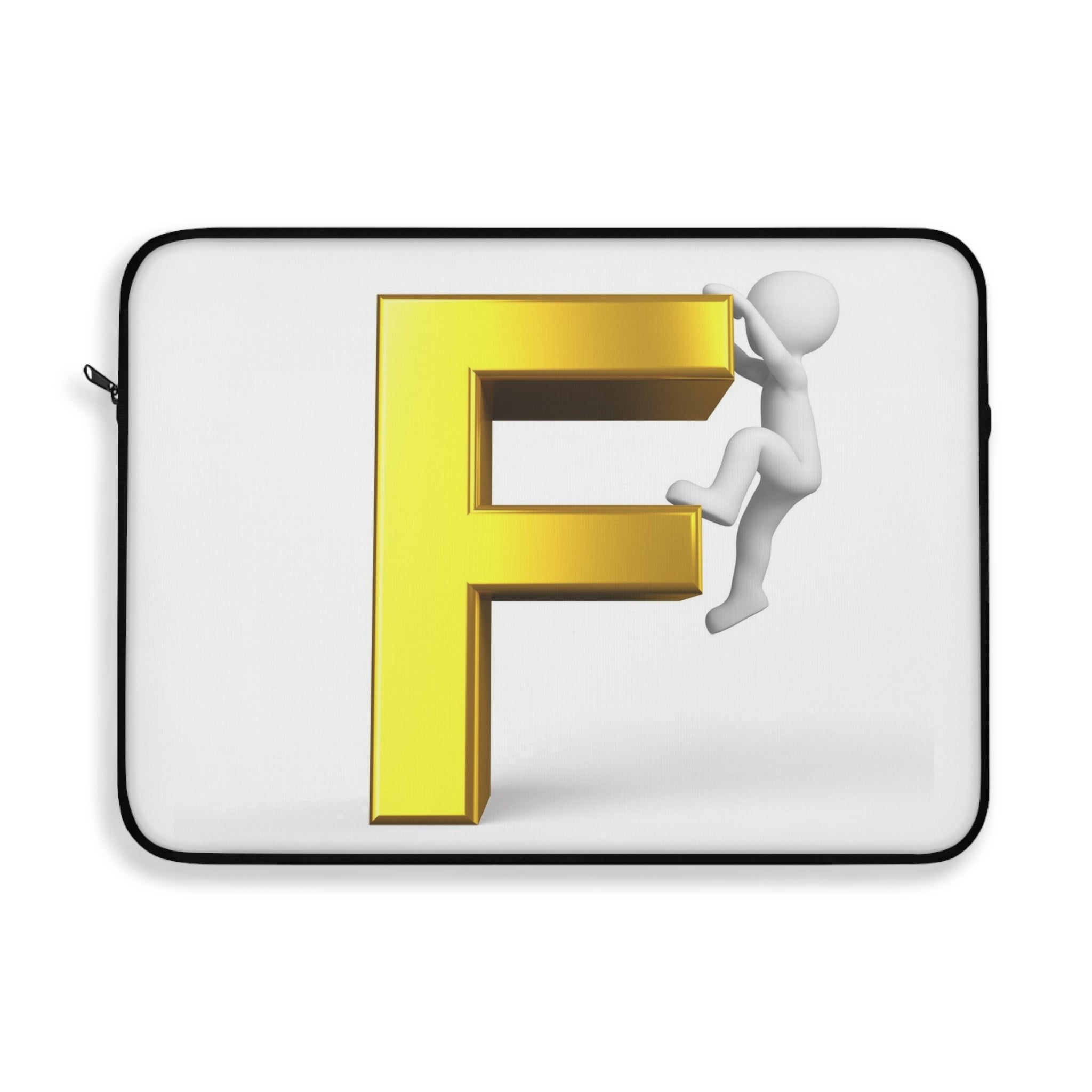 Housse d'ordinateur portable en or avec lettre F et bonhomme allumette qui grimpe | Monogramme initiale F