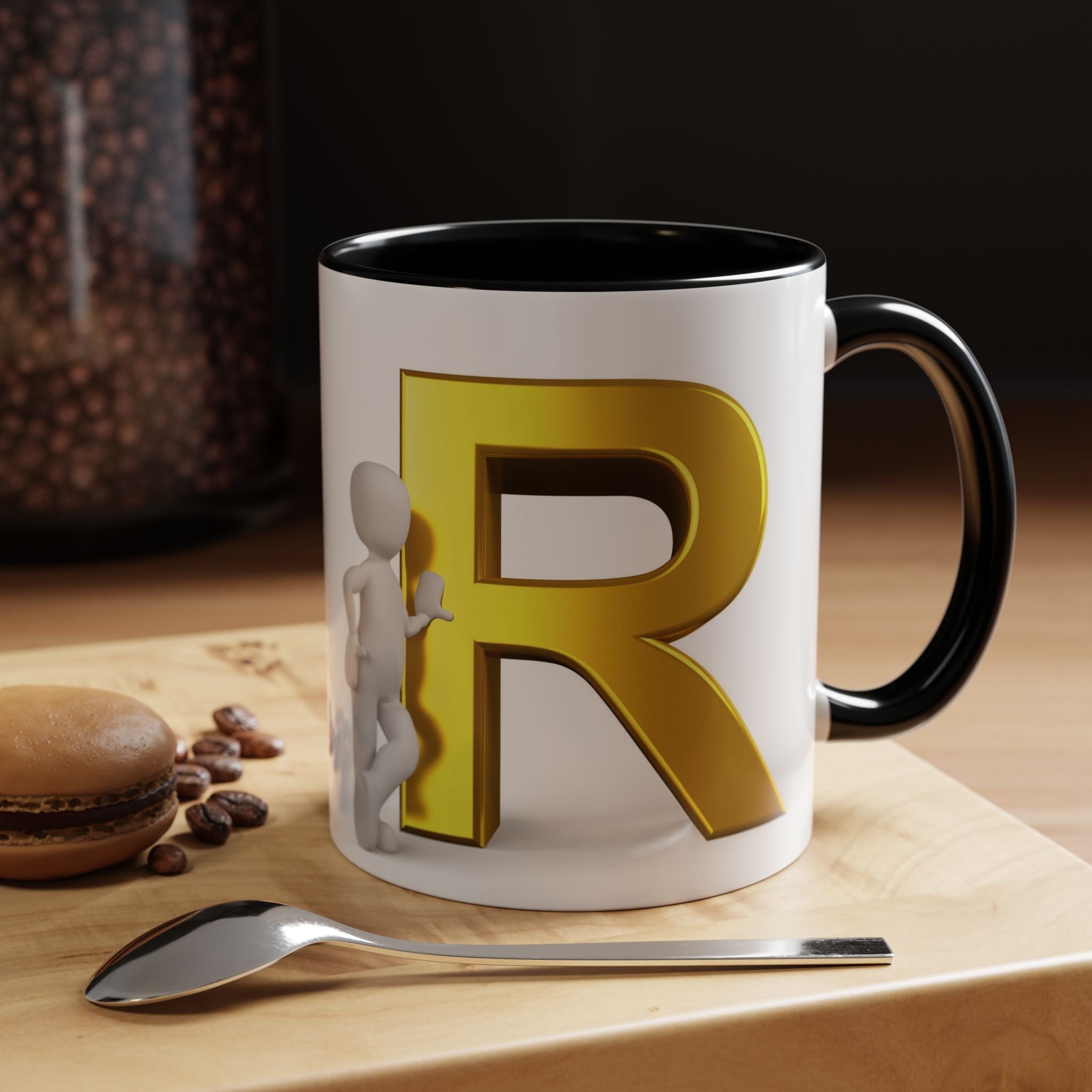 Gold Letter R with 3D Figure Accent Coffee Mug | Monogram Initial Mug