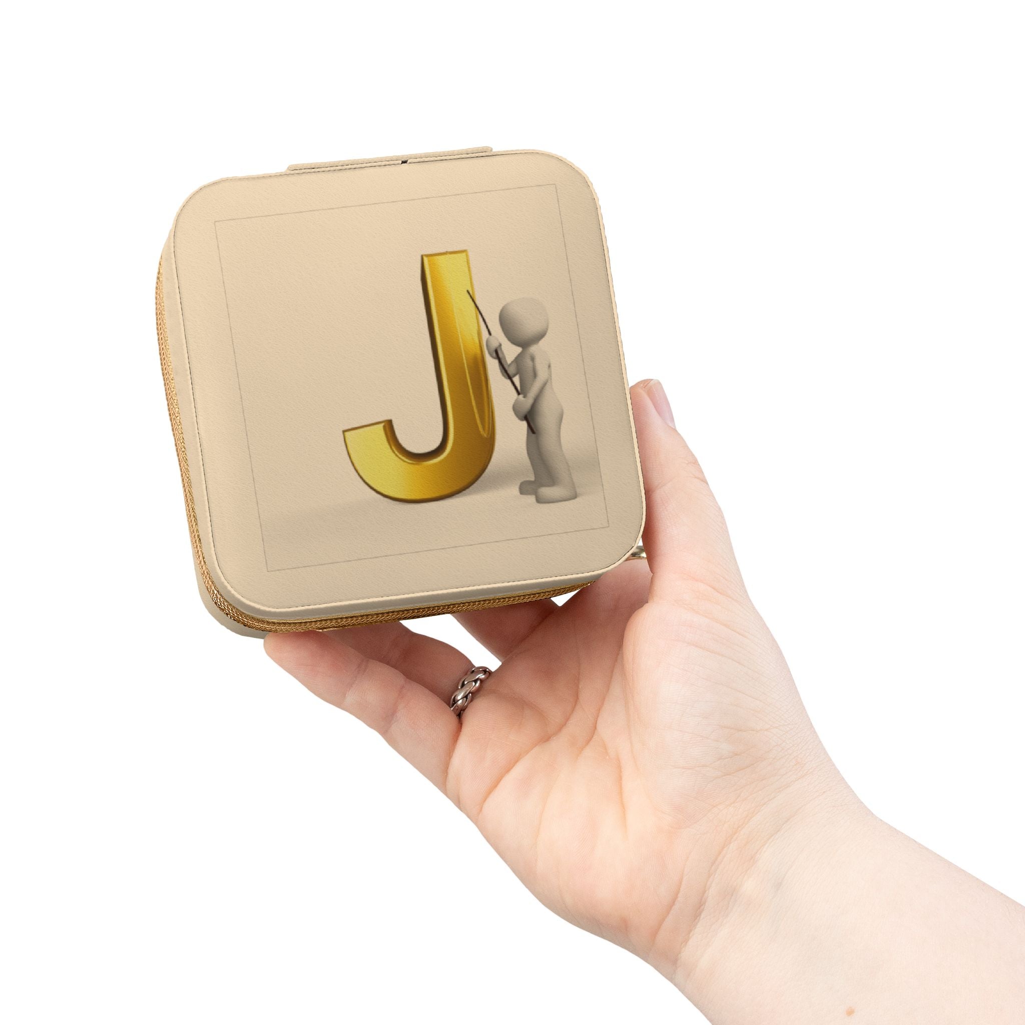 Boîte à bijoux de voyage monogramme lettre J or | Boîte à bijoux de voyage carrée compacte