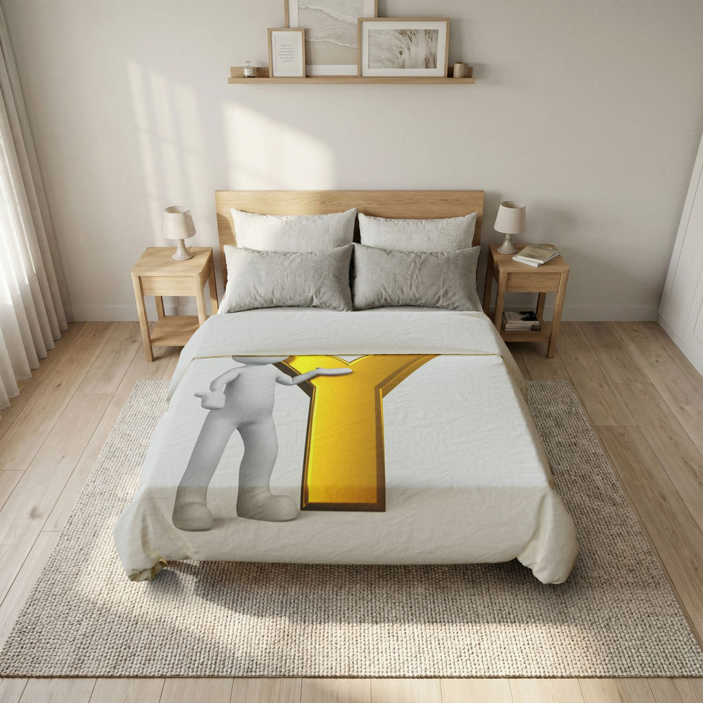 Golden Letter Y with 3D Figure Duvet Cover | Alphabet Initial Bedding