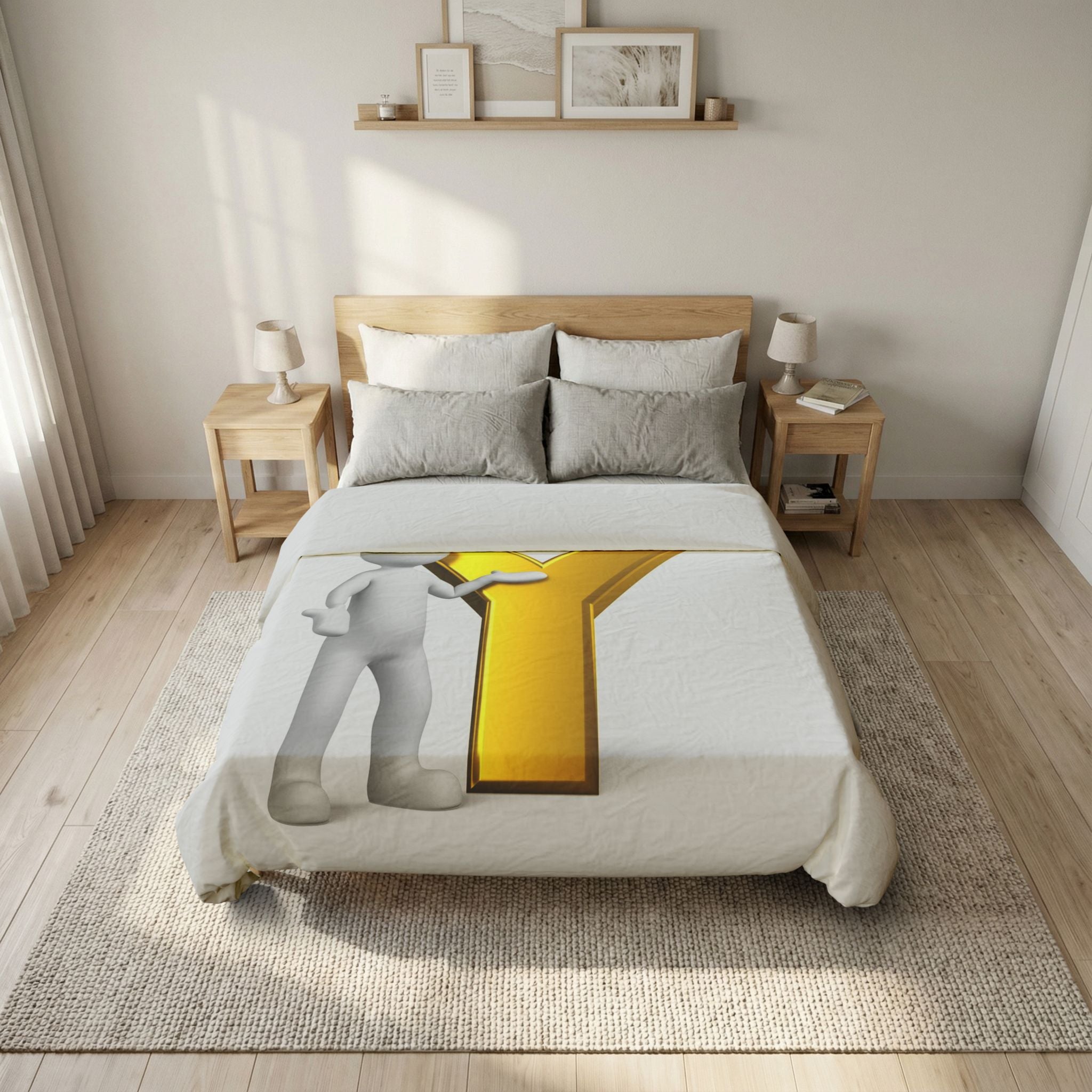 Golden Letter Y with 3D Figure Duvet Cover | Alphabet Initial Bedding
