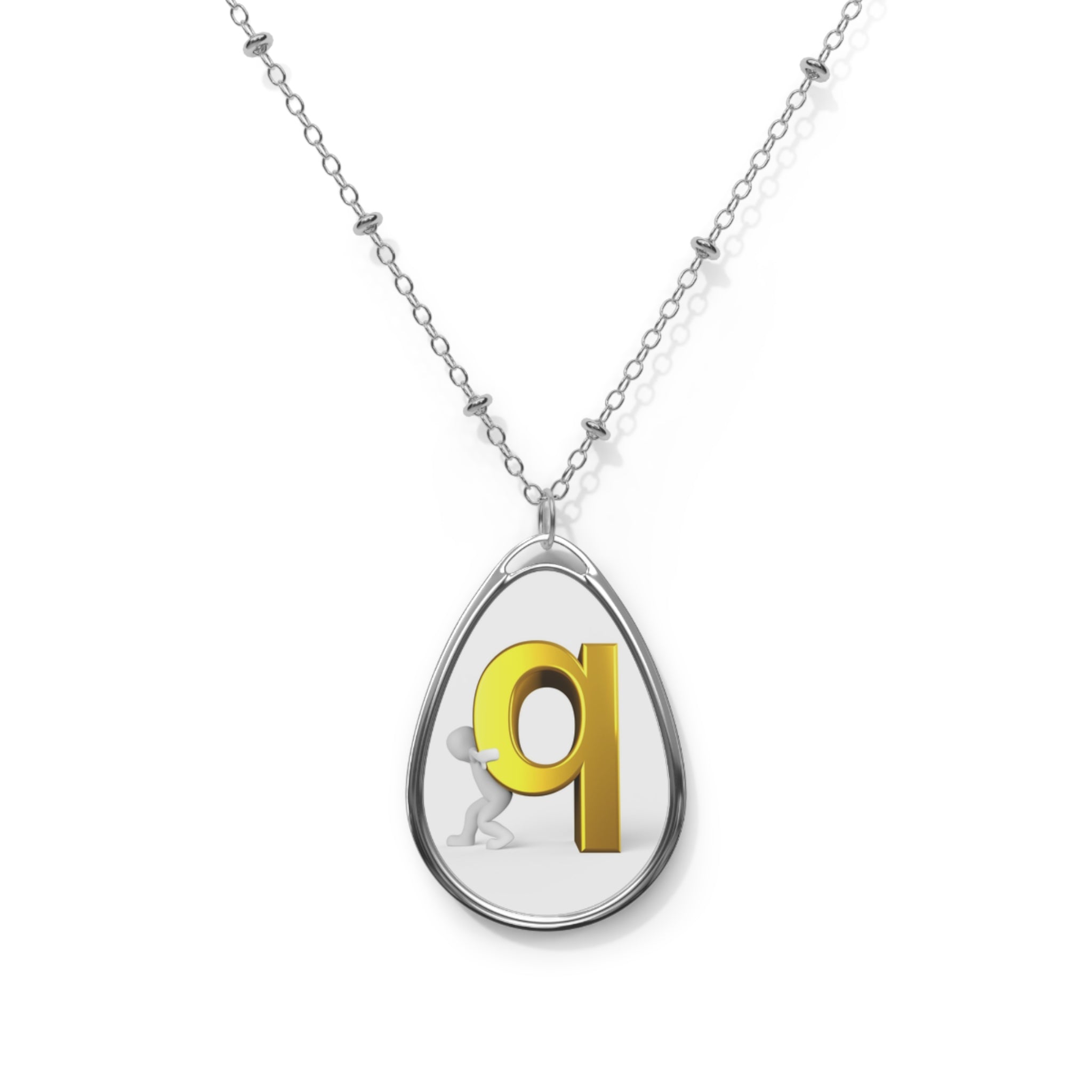 Personalized Oval Initial Necklace — Silver Teardrop Pendant with Gold Letter 'Q'