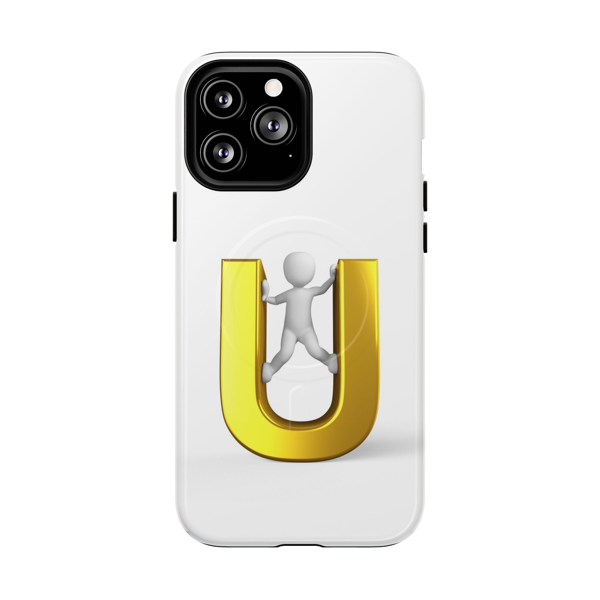 Coque de téléphone en 3D Dorée Lettre U avec Bonhomme Allumette | Coque Magnétique Robuste