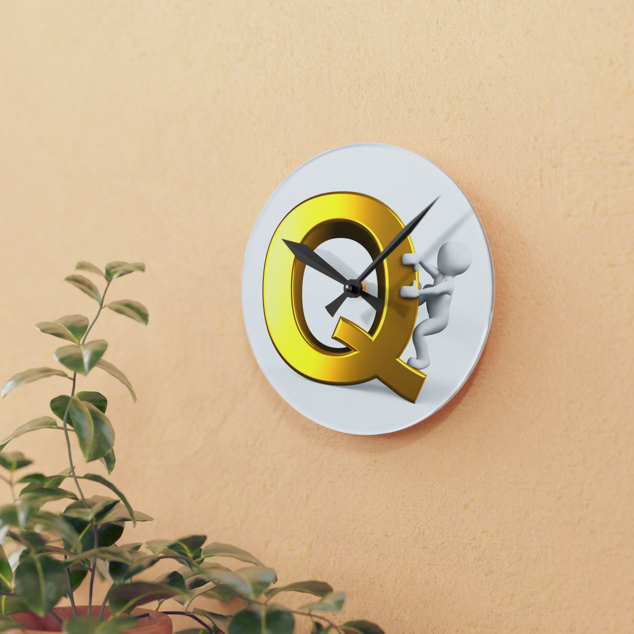 Gold Letter Q with Climbing Figure Acrylic Wall Clock | Initial Monogram Decor