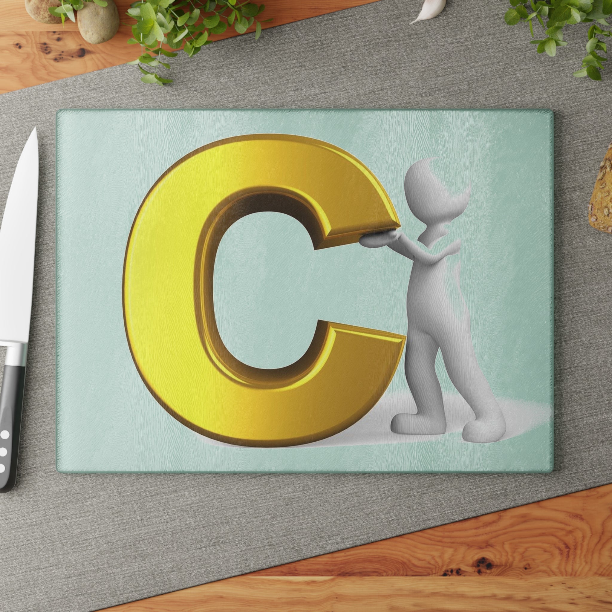 Gold Letter C with 3D Figure Glass Cutting Board | Monogram Initial Kitchen Decor