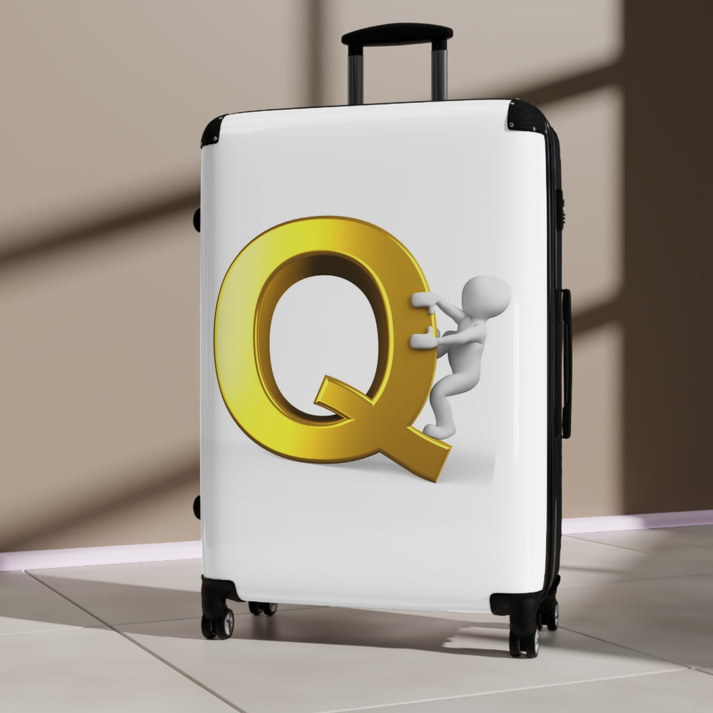 Gold Letter Q with Climbing Figure Suitcase | Monogram Initial Luggage