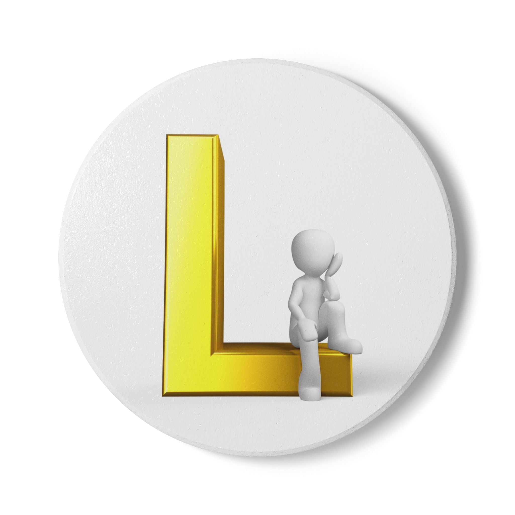 Gold Letter L with Sitting Figure Ceramic Coaster | Monogram Initial Coaster
