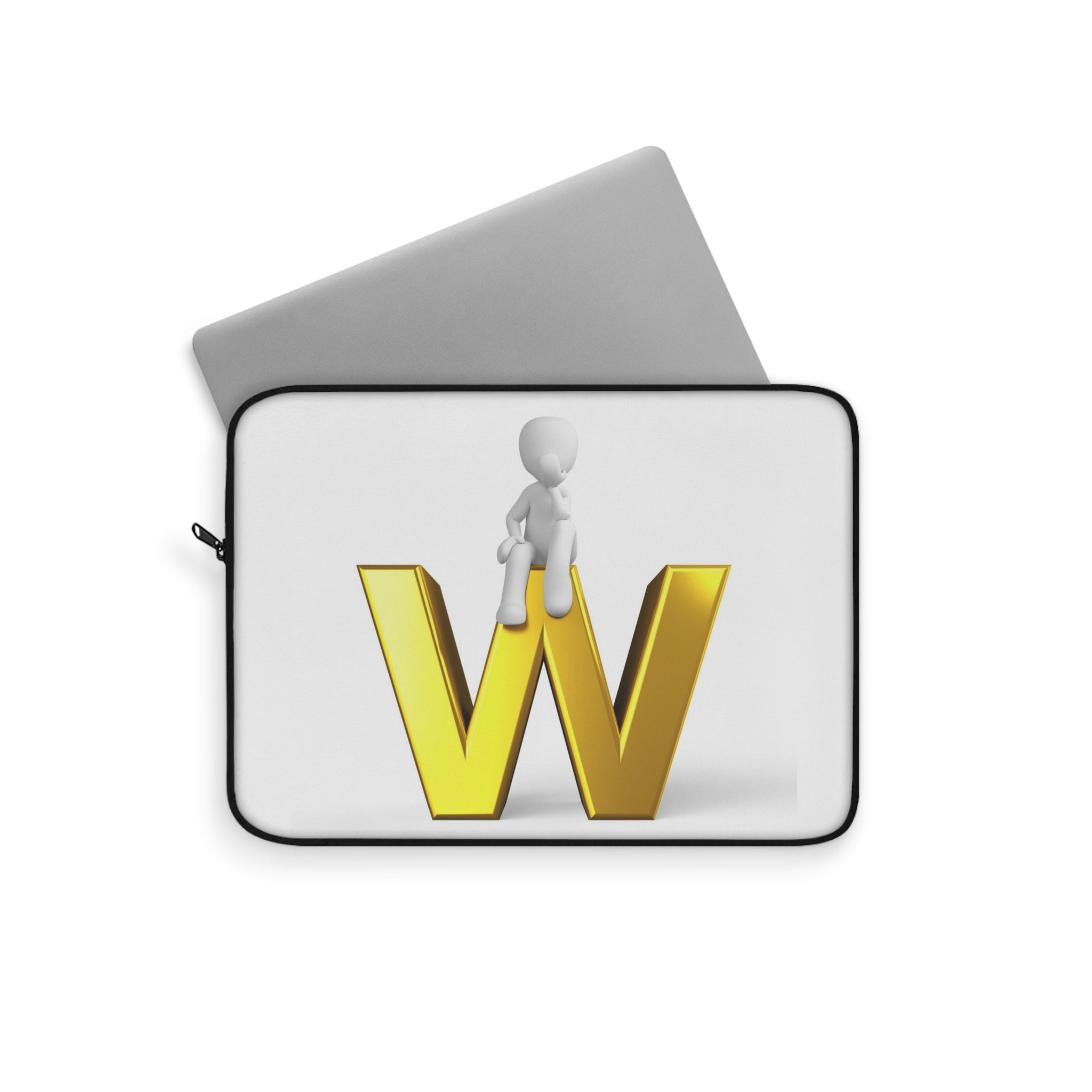 3D Stick Figure Sitting on Gold Letter W Laptop Sleeve | Monogram Initial W