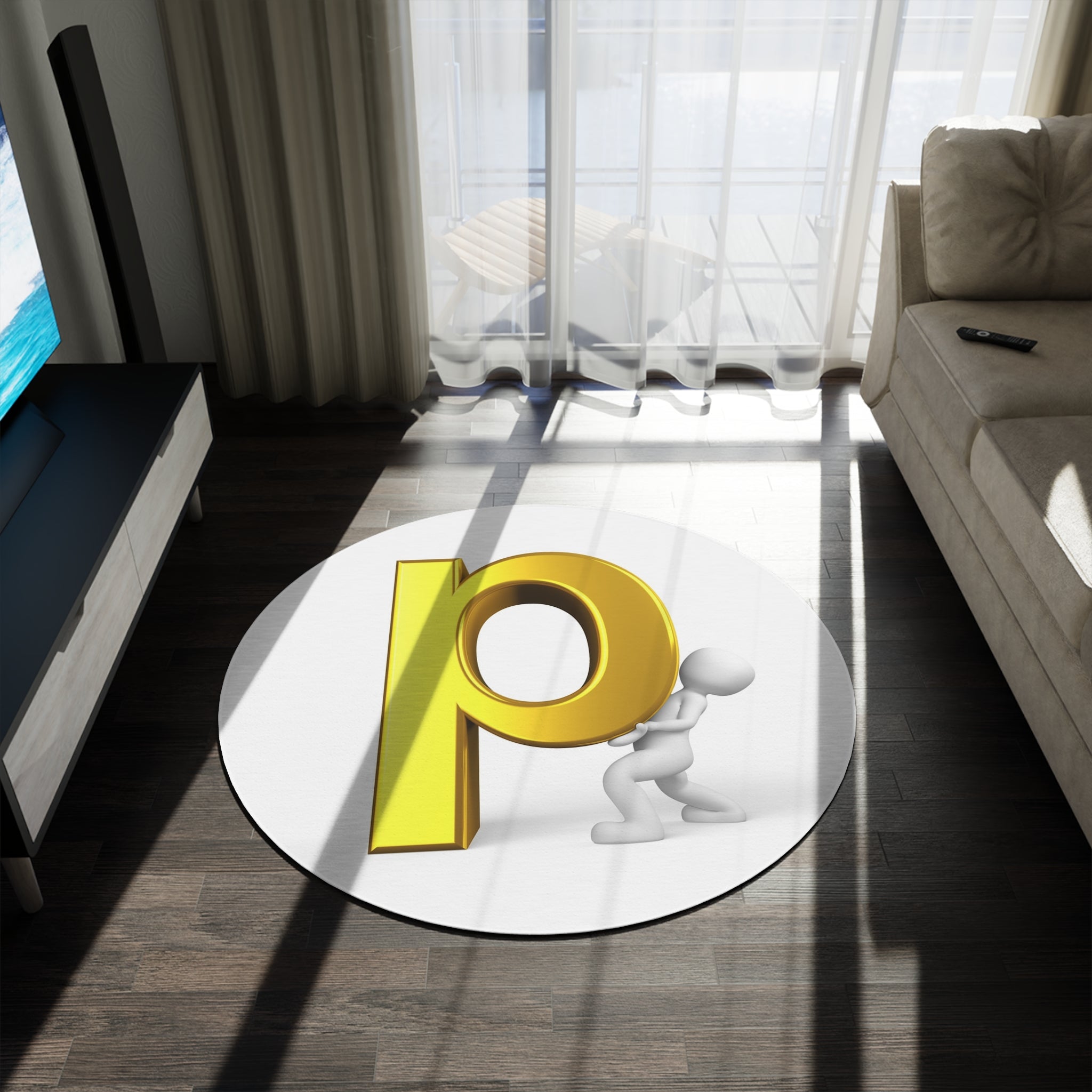 3D Gold Letter P Letter Round Rug | Alphabet Monogram Floor Mat