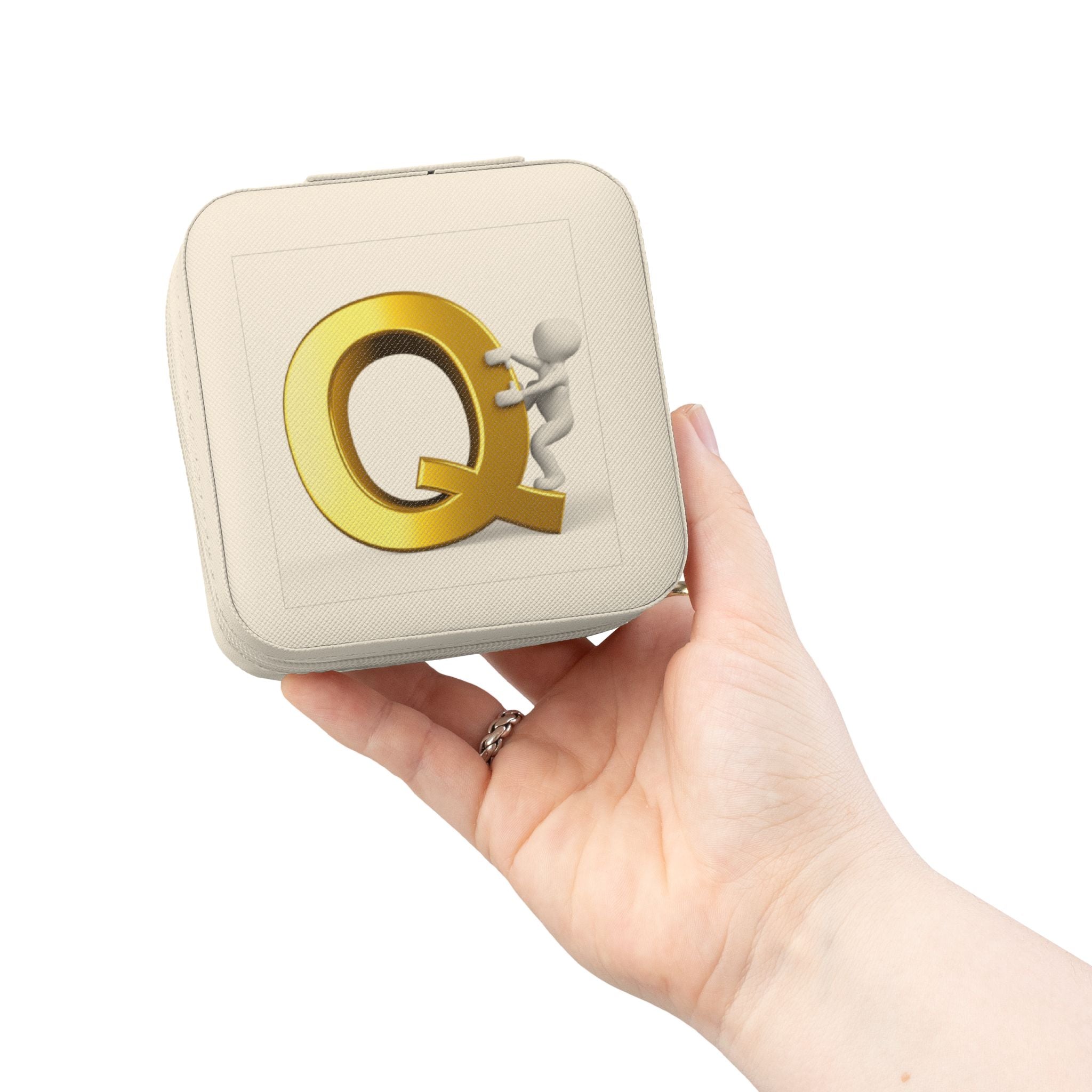 Gold Letter Q Monogram Jewelry Travel Case | Compact Square Organizer