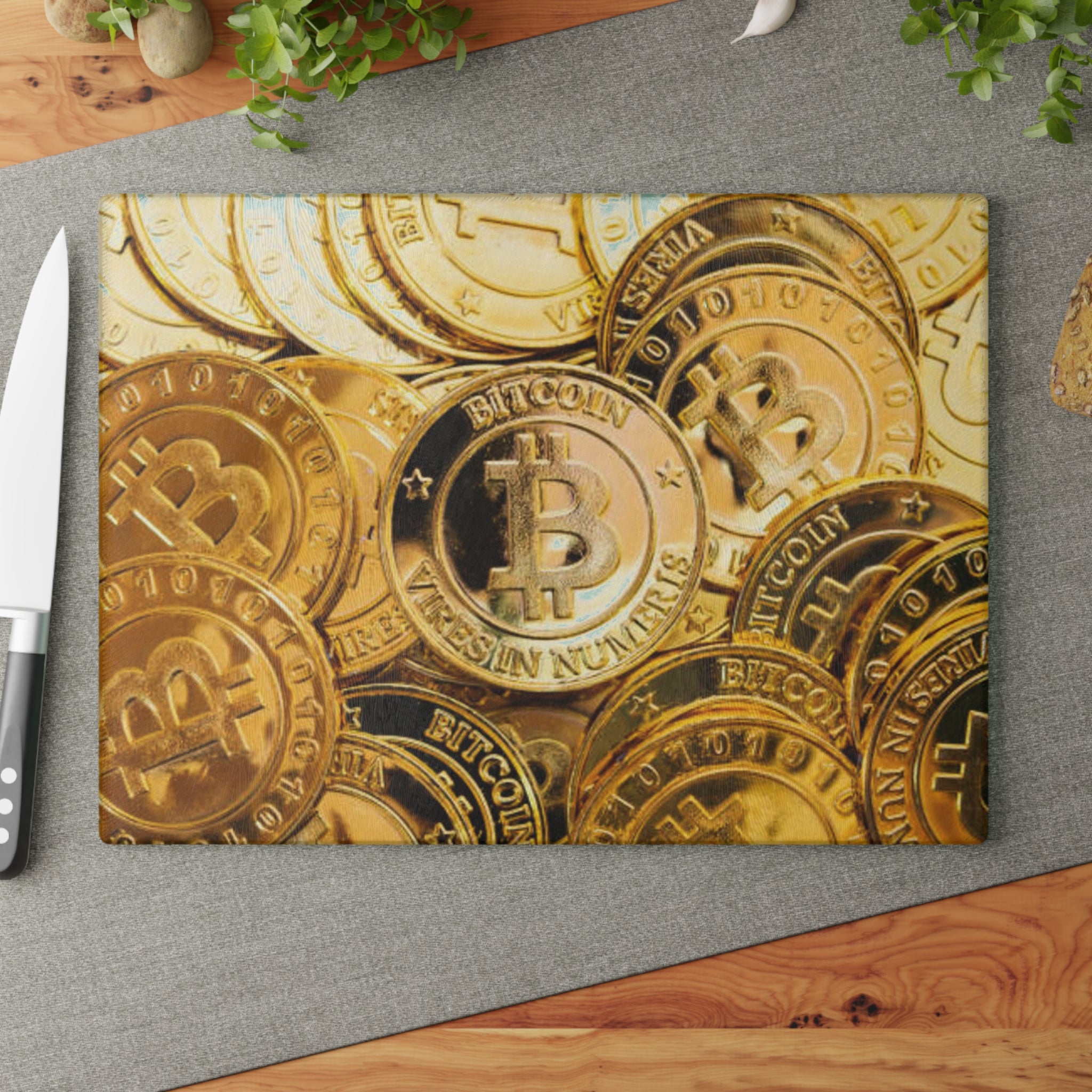 Bitcoin Gold Coins Glass Cutting Board | Cryptocurrency Kitchen Decor