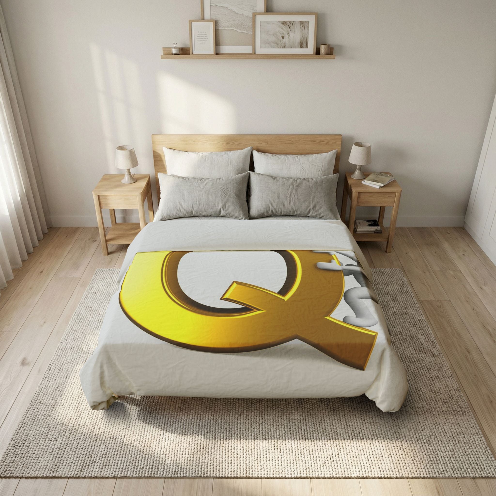 Gold Letter Q with Climbing Figure Cotton Duvet Cover | Monogram Initial Bedding