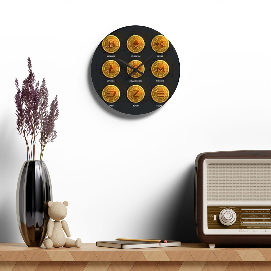 Cryptocurrency Coin Icons Acrylic Wall Clock | Bitcoin Ethereum Ripple Litecoin Monero