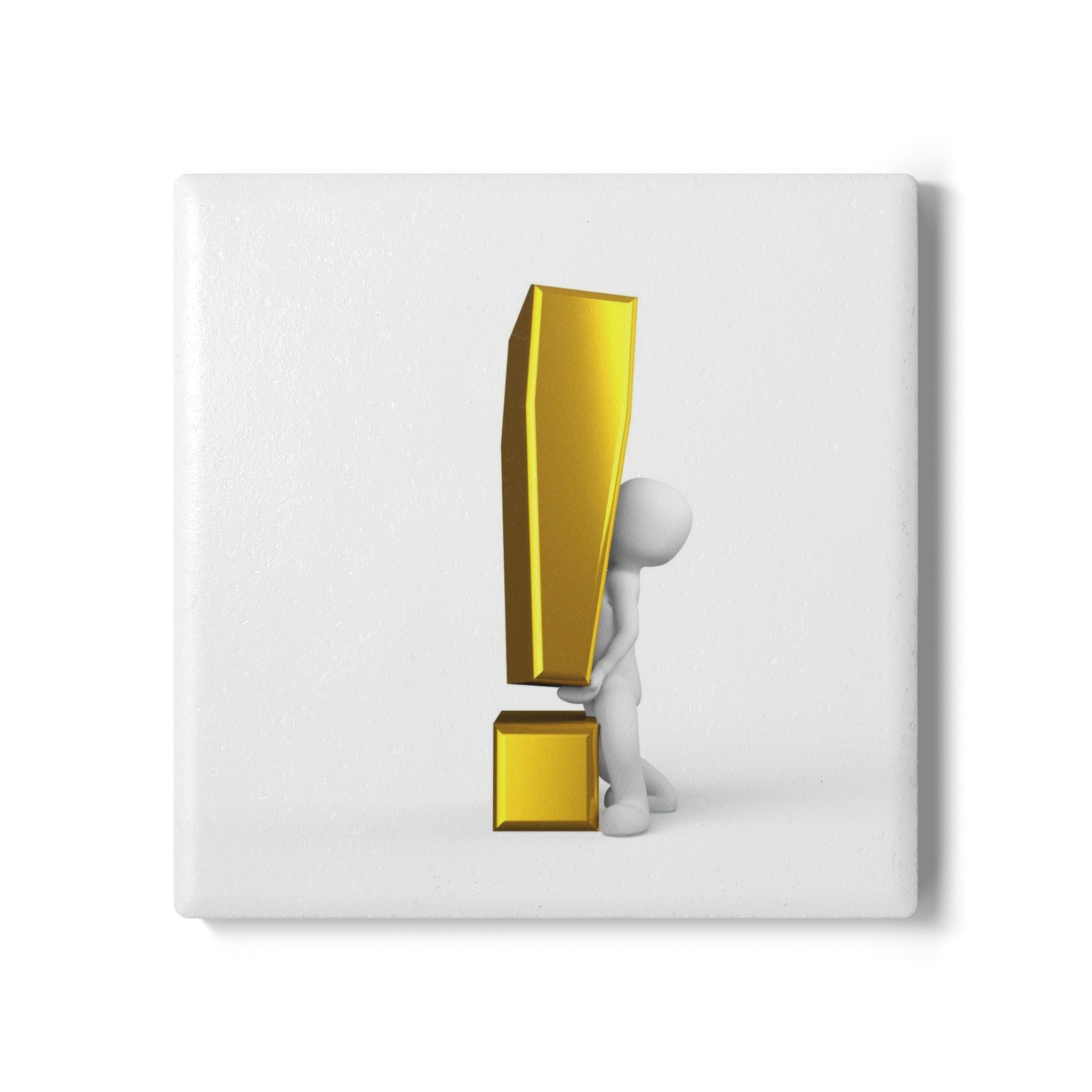 3D Stick Figure with Gold Exclamation Mark Ceramic Coaster | Cork Back