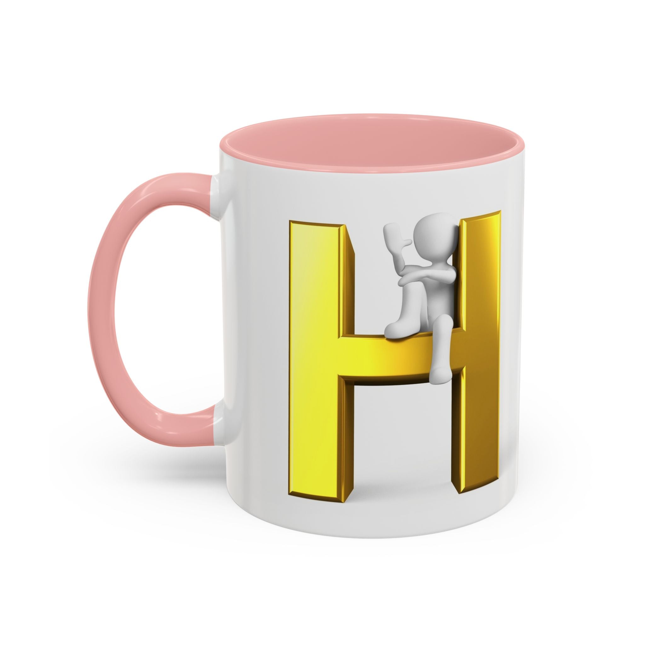 Mug en céramique avec bonhomme allumette 3D accroché à la lettre H dorée | Mug à anse de couleur