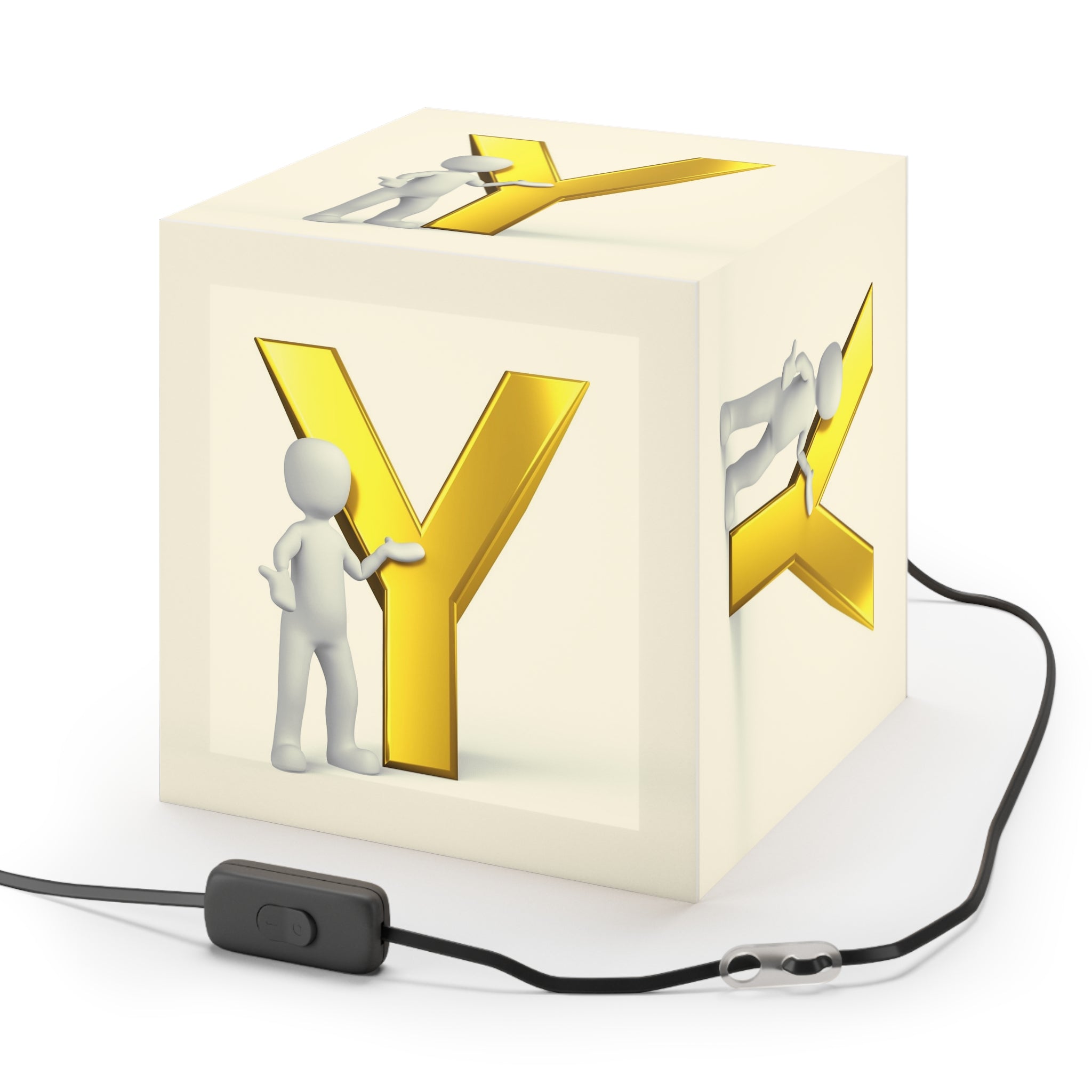 3D Stick Figure with Gold Letter Y Light Cube Lamp | Nursery Night Light