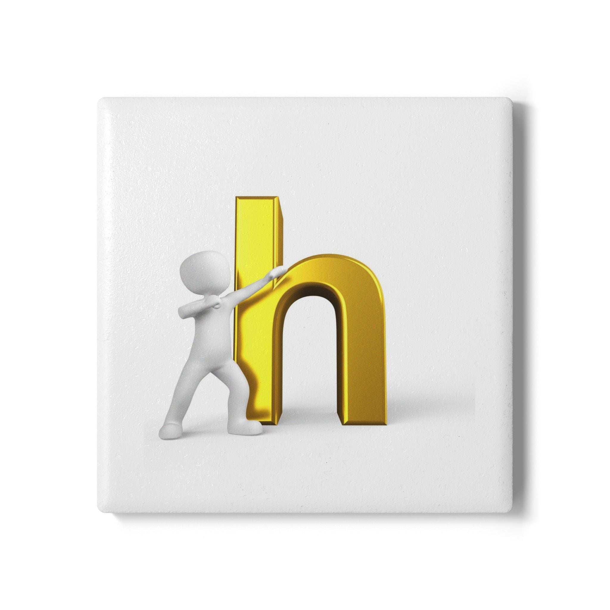 3D Figure Pushing Gold Letter H Ceramic Coaster | Cork Back Round Drink Mat