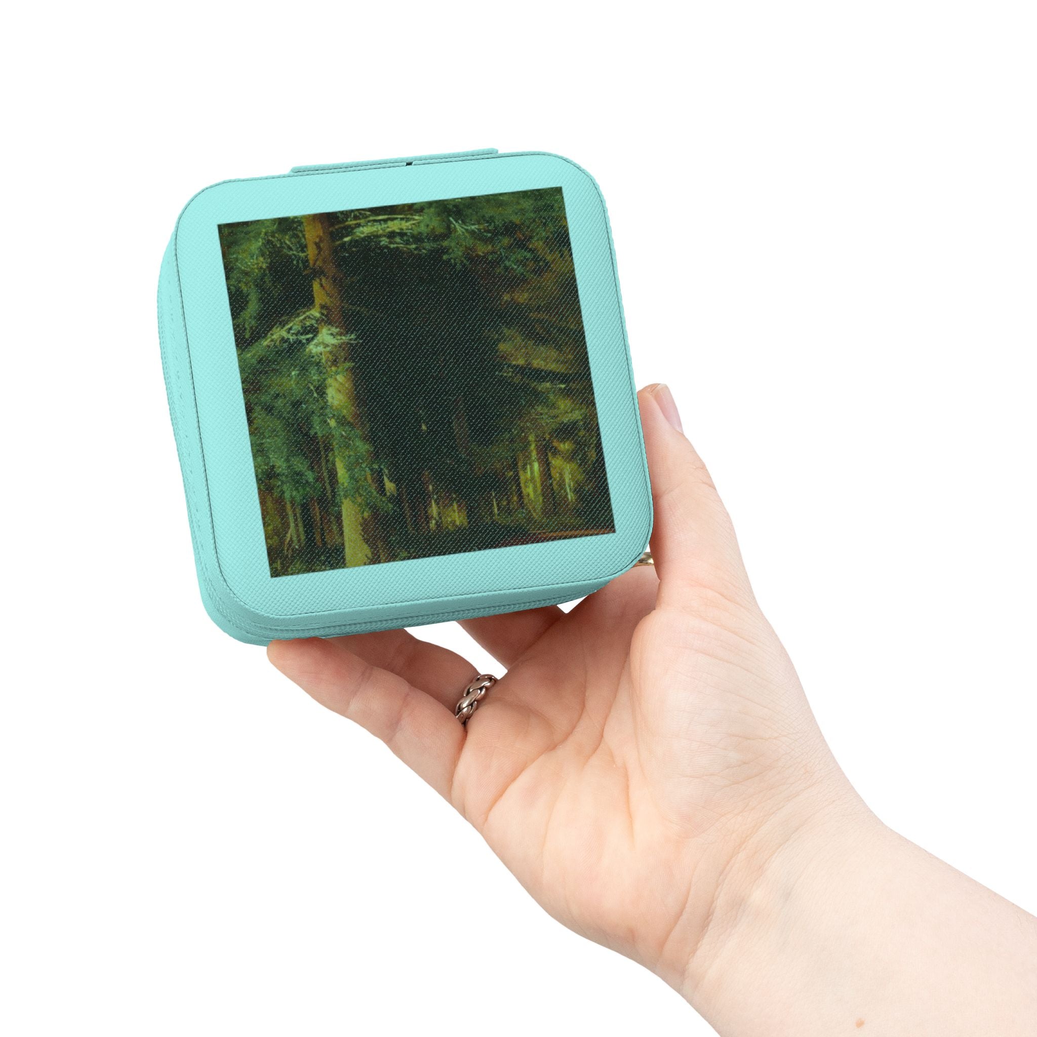 Étui de voyage pour bijoux en forme de carré compact avec peinture à l'huile de forêt | Boîte à bijoux carrée compacte
