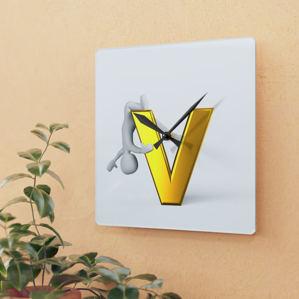 3D Gold Letter V with Figure acrylic wall clock | modern initial decor