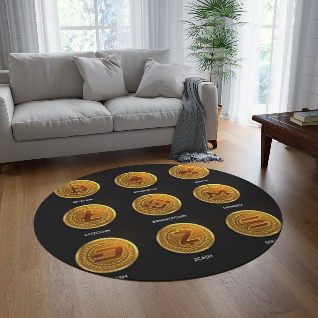 Cryptocurrency Coin Icons Round Rug | Bitcoin Ethereum Ripple Litecoin Decor