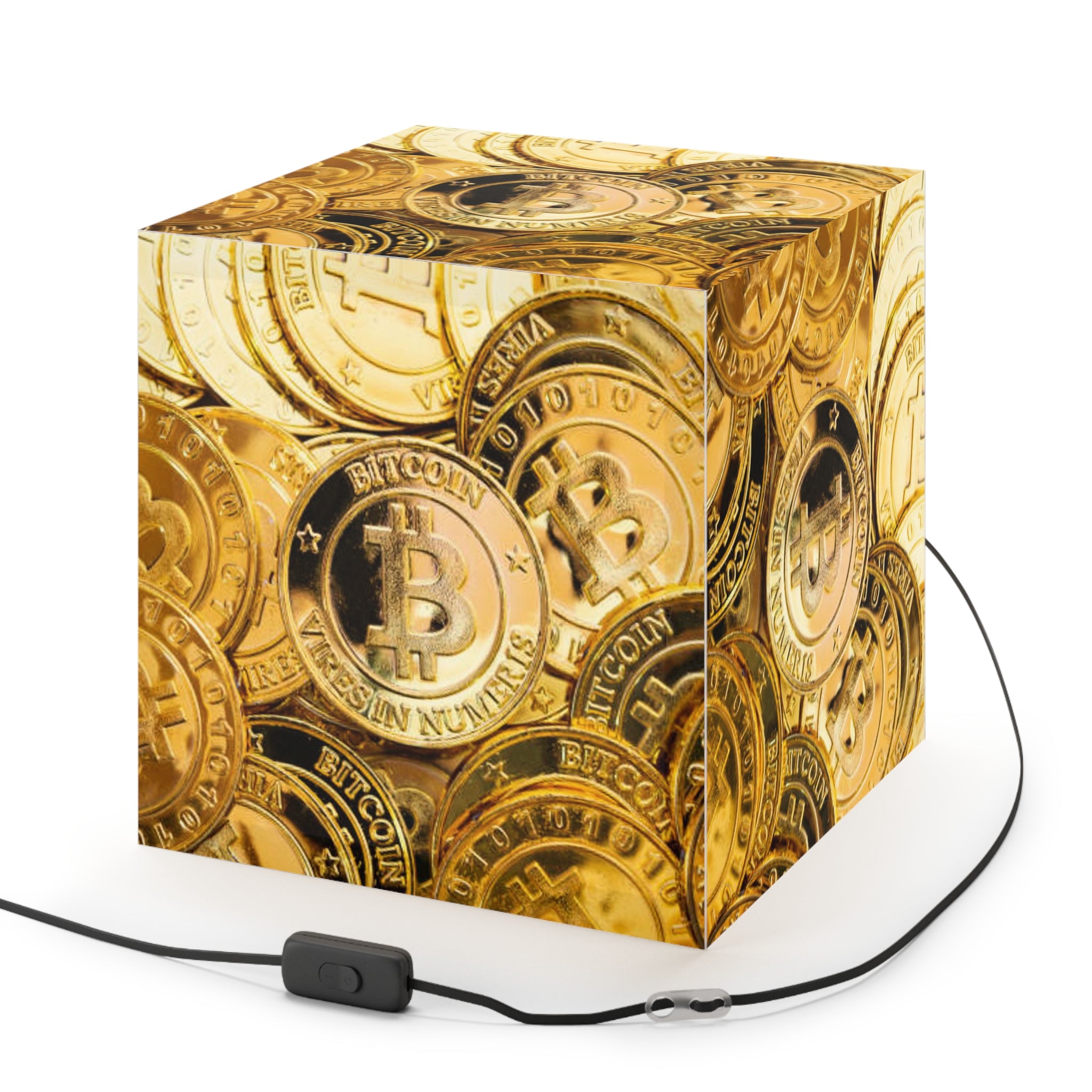 Bitcoin Coins Light Cube Lamp | Cryptocurrency Decor, Gold Coin Pattern