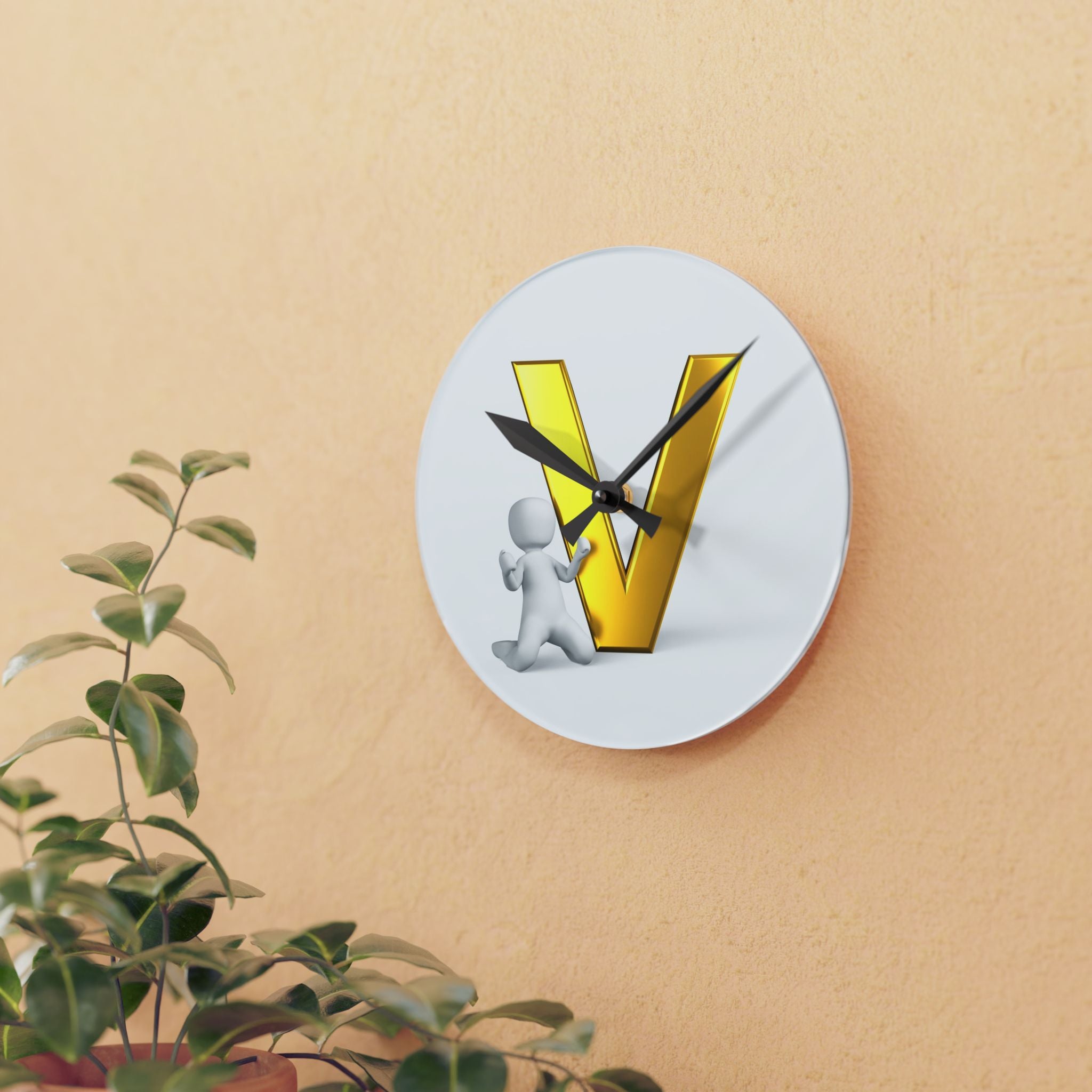 Gold Letter V with 3D Figure Acrylic Wall Clock | Modern Initial Decor