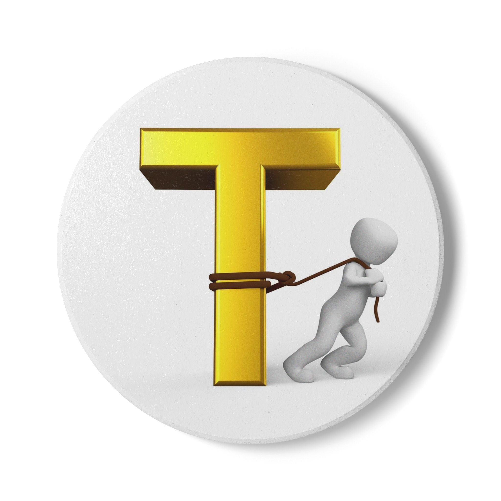 T Letter Tugging Figure Ceramic Coaster | Monogram Initial Drink Mat