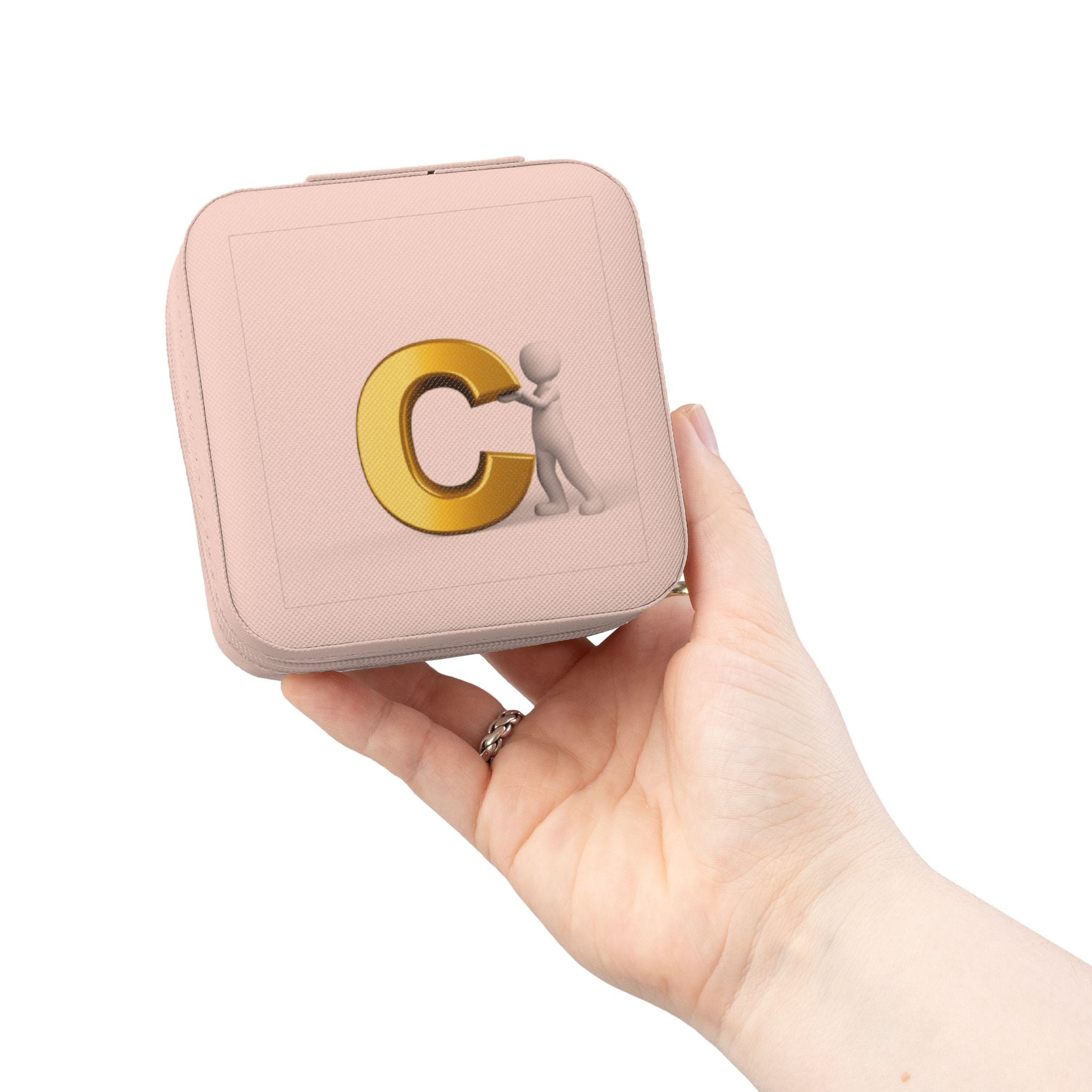 Étui de voyage compact rose pour bijoux initial C lettre dorée