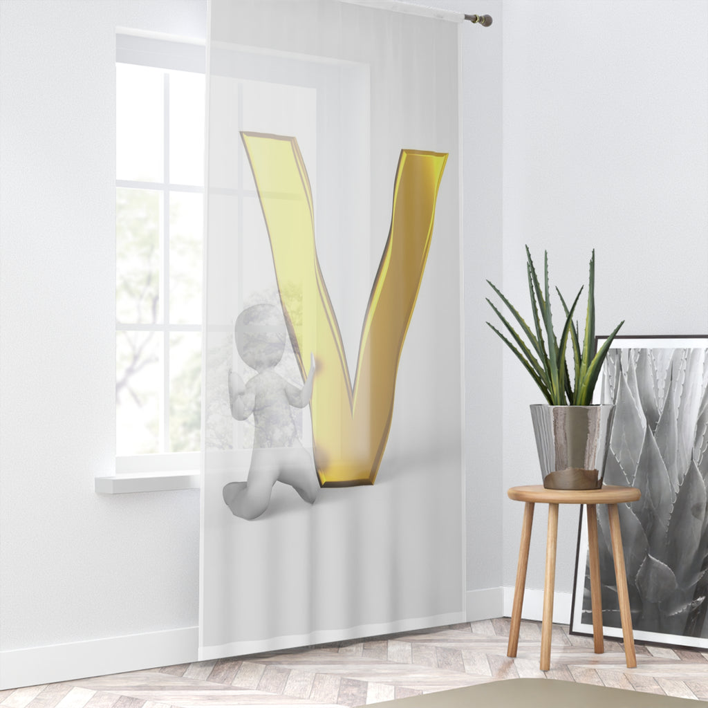 Gold Letter V with Kneeling Figure Window Curtain | Initial V Sheer Panel