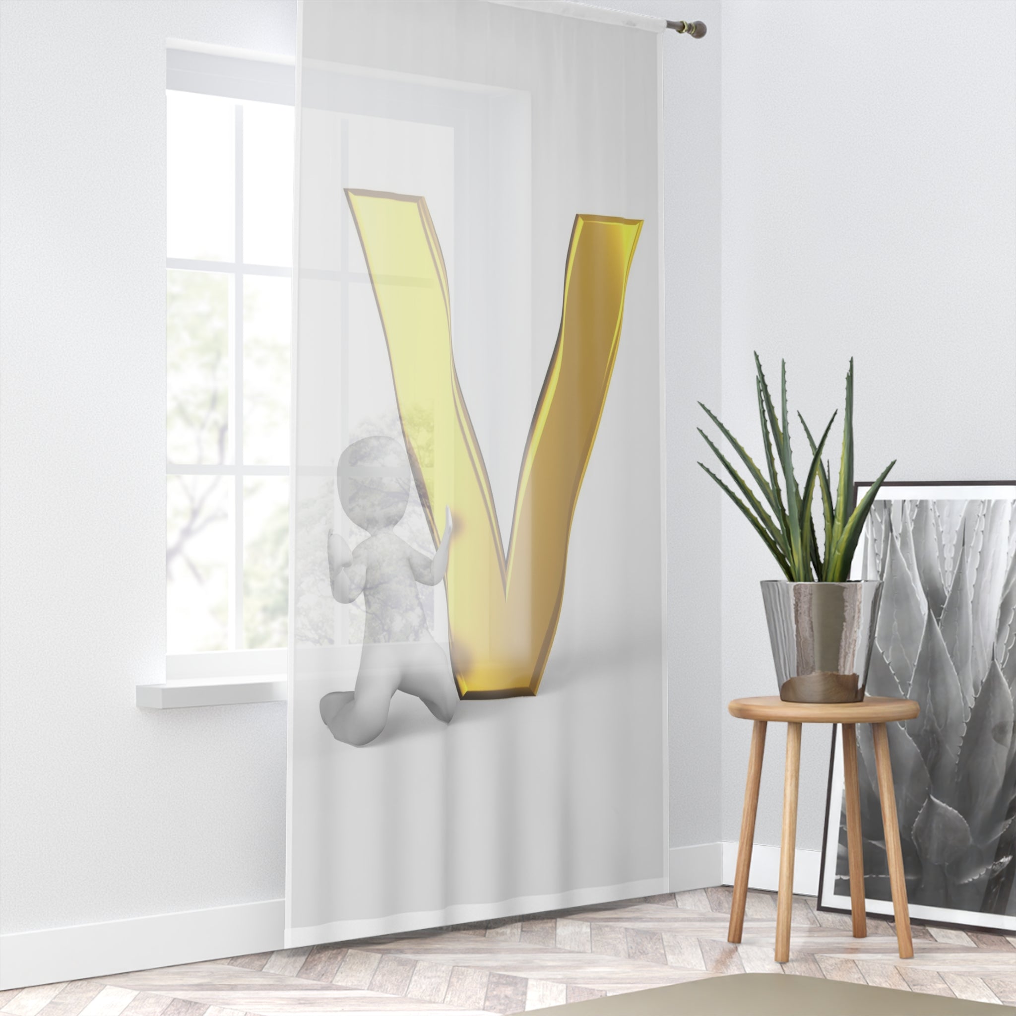 Gold Letter V with Kneeling Figure Window Curtain | Initial V Sheer Panel