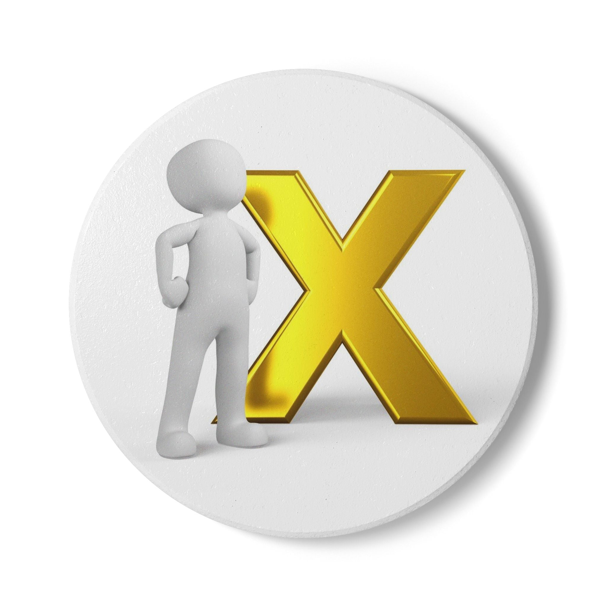 3D Stick Figure with Gold X Ceramic Coaster | Round Cork Back