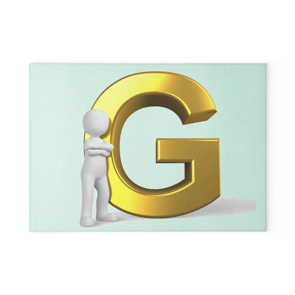Gold Letter G with 3D Figure Glass Cutting Board | Monogram Initial Kitchen