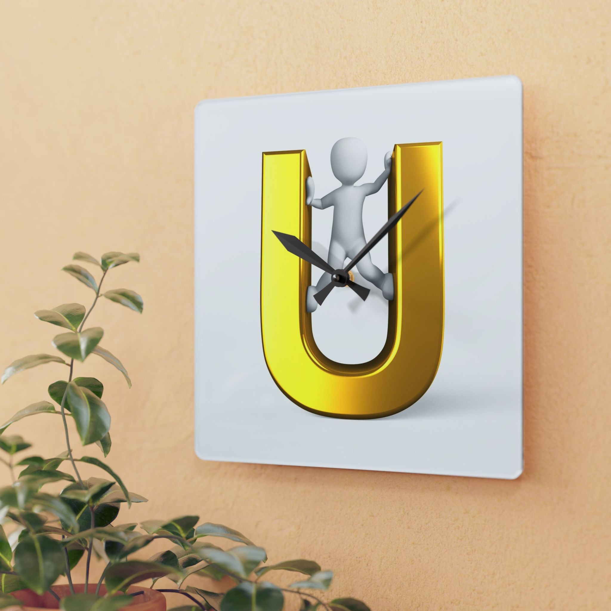 3D Gold Letter U with Figure Acrylic Wall Clock | Monogram Initial Home Décor
