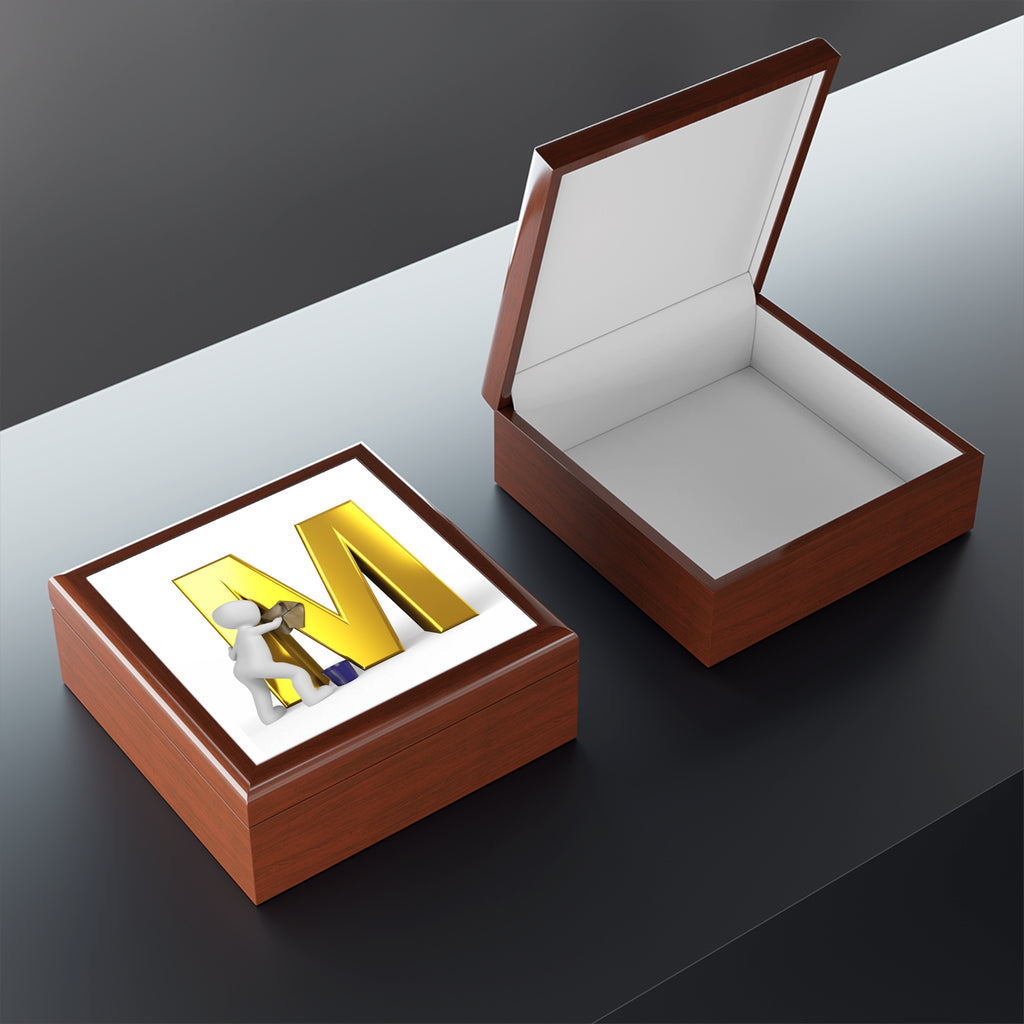 Gold Letter M with Painter Figure Jewelry Box | Monogram Initial M