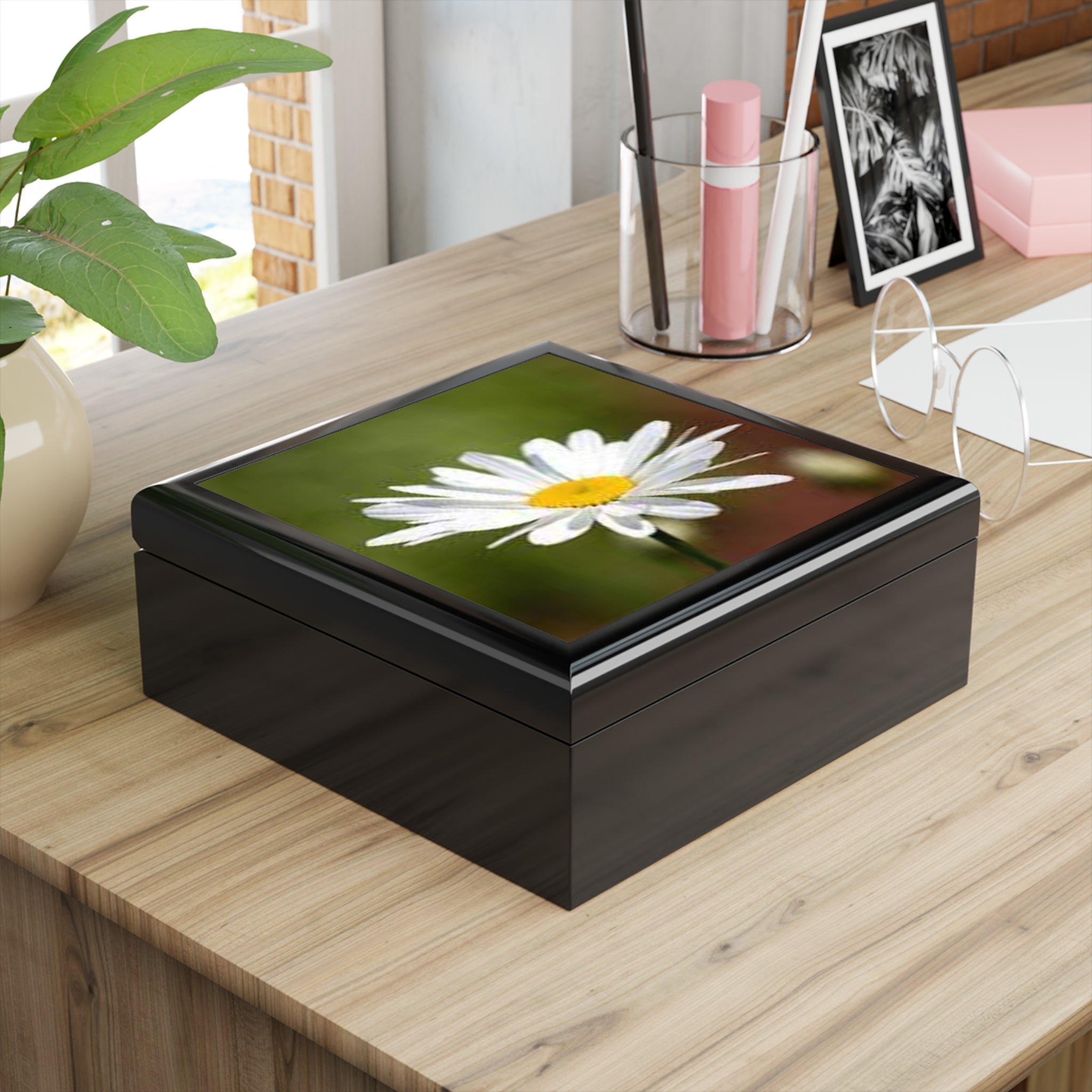 White Daisy Photo Jewelry Box | Floral Keepsake Trinket Box