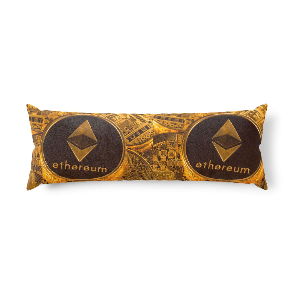 Ethereum Crypto Coin Body Pillow | Digital Currency Decor, Gold Circuit Design