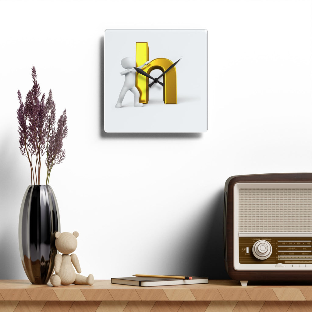 3D Person Pushing Gold Letter h Acrylic Wall Clock | Modern Lettering Decor