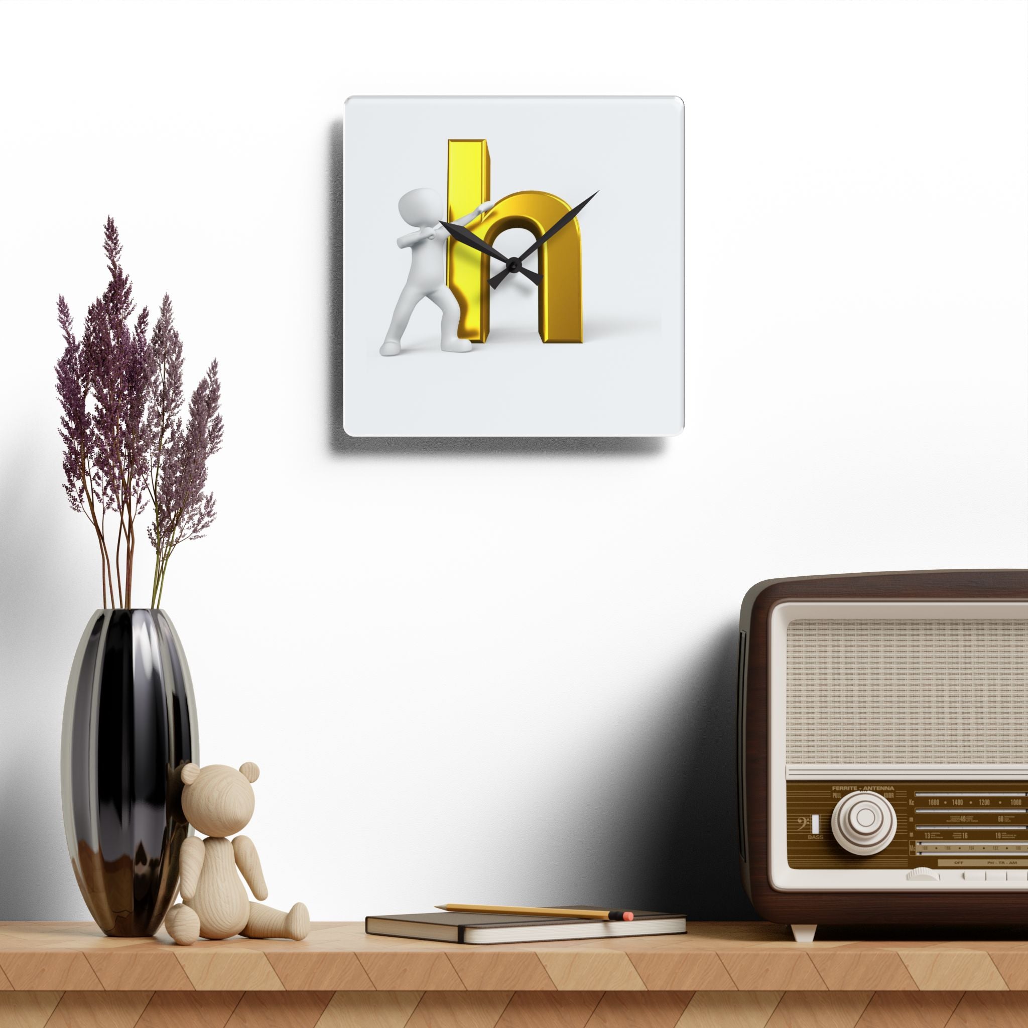 3D Person Pushing Gold Letter h Acrylic Wall Clock | Modern Lettering Decor
